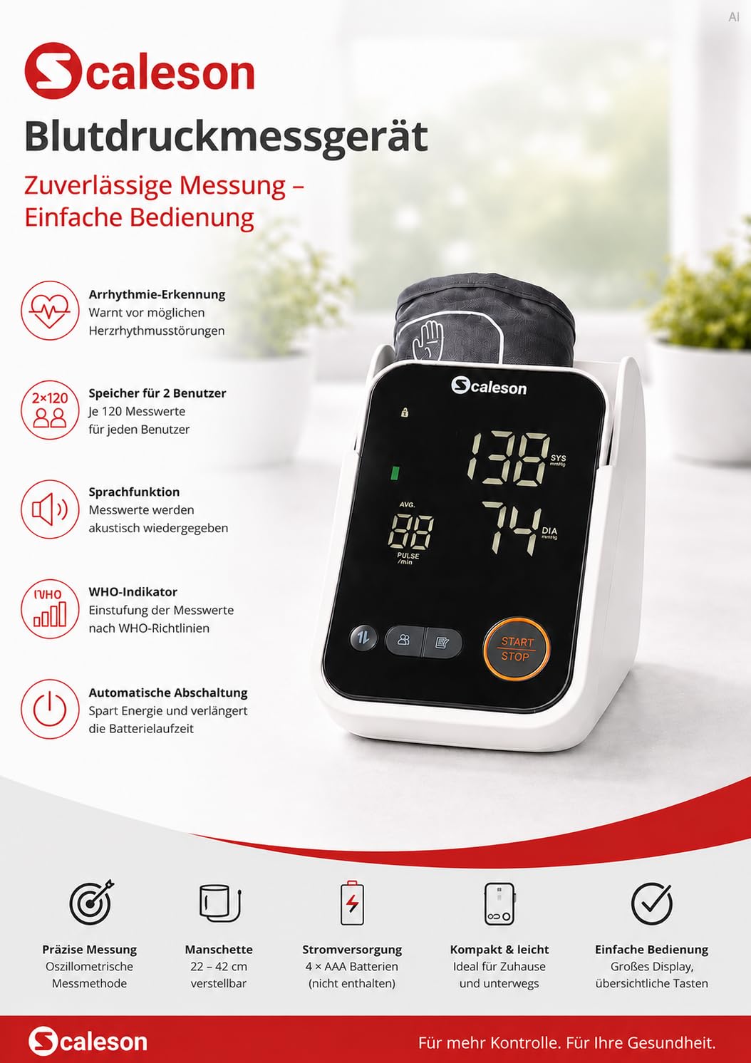 SCALESON S260.20 ciśnieniomierz na ramię z przegródką do przechowywania/funkcja średnia/z dużym ekranem LED/funkcją WHO/podwójnego użytkownika/2 x 120 miejsc pamięci/funkcja aplikacji/funkcja głosu
