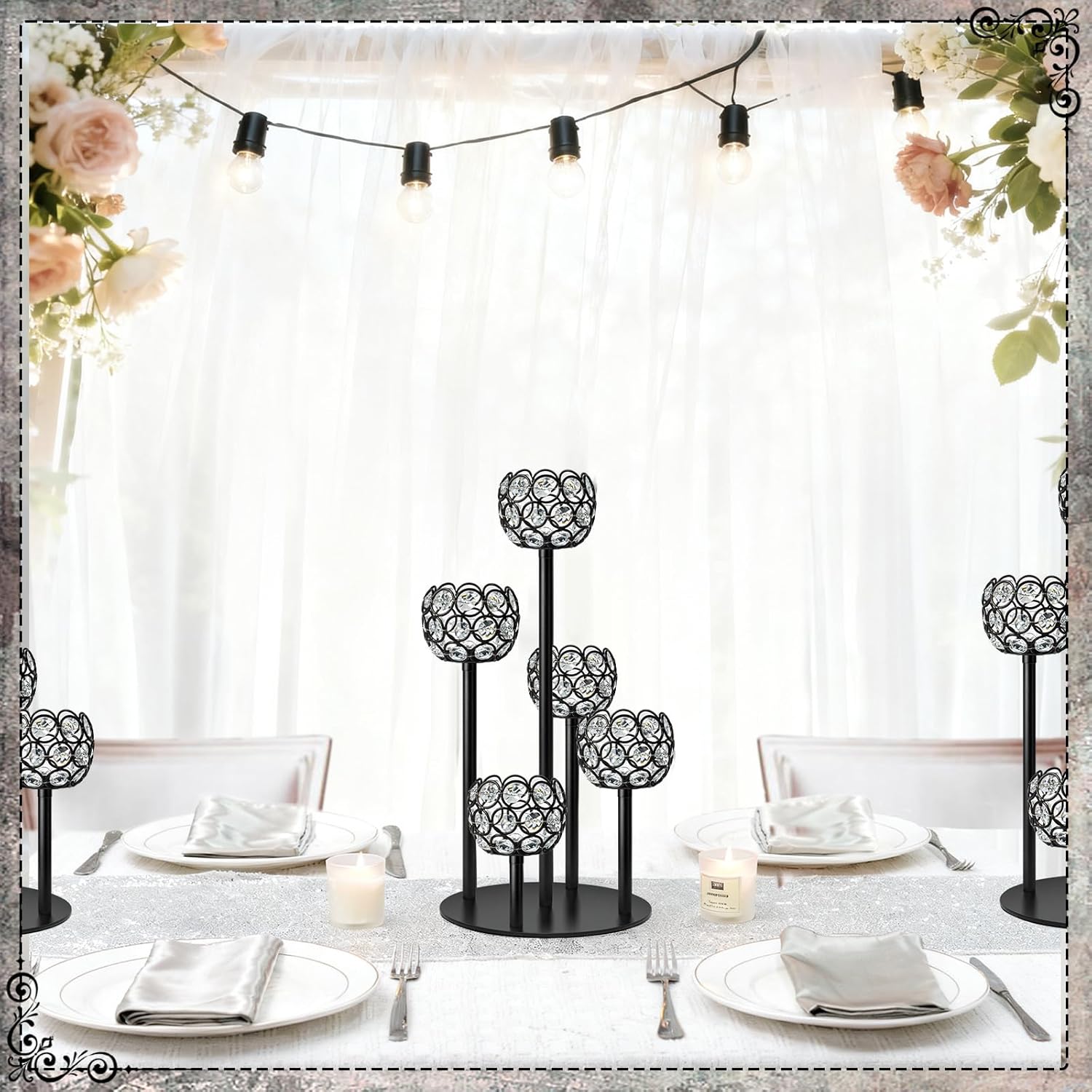 5-Arm Crystal Tealight Candelabra Centerpiece, 14.8 Inch Metal Candle Holder for Table Decor, Wedding, Christmas, Party, Anniversary & Home Decoration (1, Black, S-14.8 in)