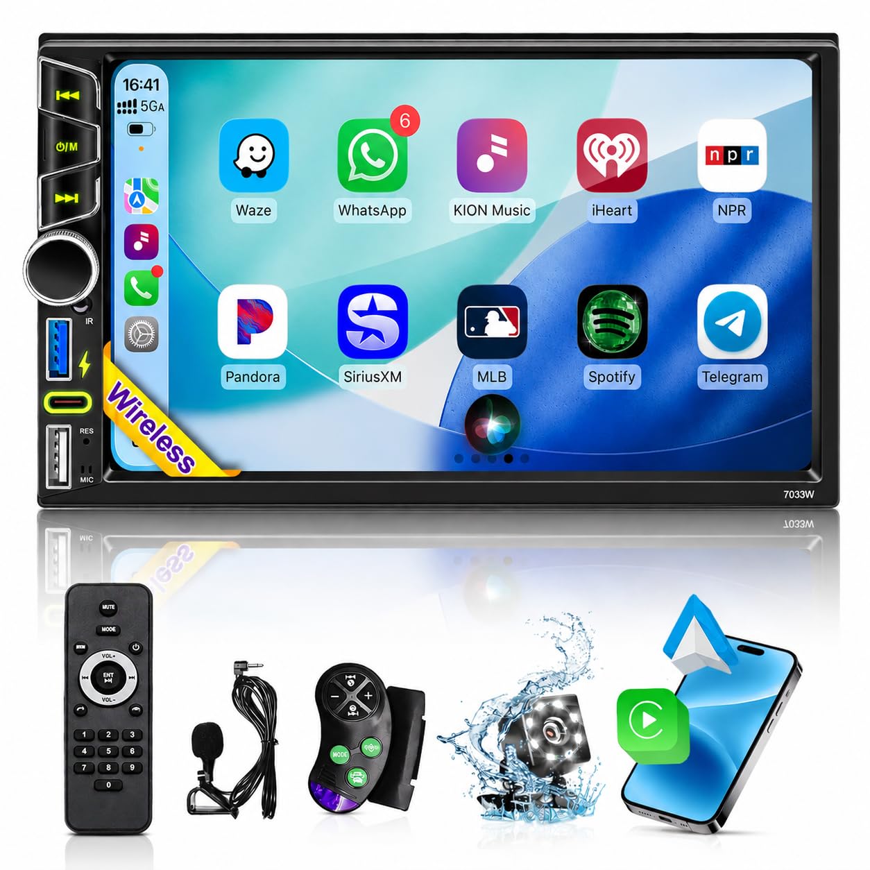 Wireless Double Din Car Stereo Apple CarPlay Android Auto,7" Touchscreen Car Radio Receivers, Bluetooth 5.2,FM AM Radio,Backup Camera,Physical Knob,SWC,Equalizer,Subwoofer,MirrorLink,USB/Type-C
