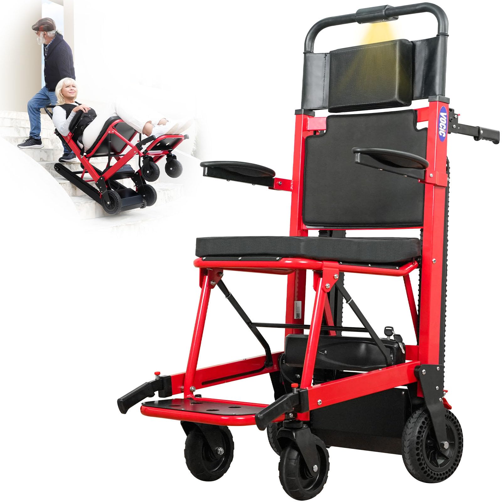 VOCIC AY04 Elektrischer Treppensteiger Rollstuhl Faltbar mit Gummikette, Elektrische Treppenhilfe Rollstühle bis 220KG, Treppenlift Medizinische Rettungstrage mit LED Licht für Behinderte (Rot)