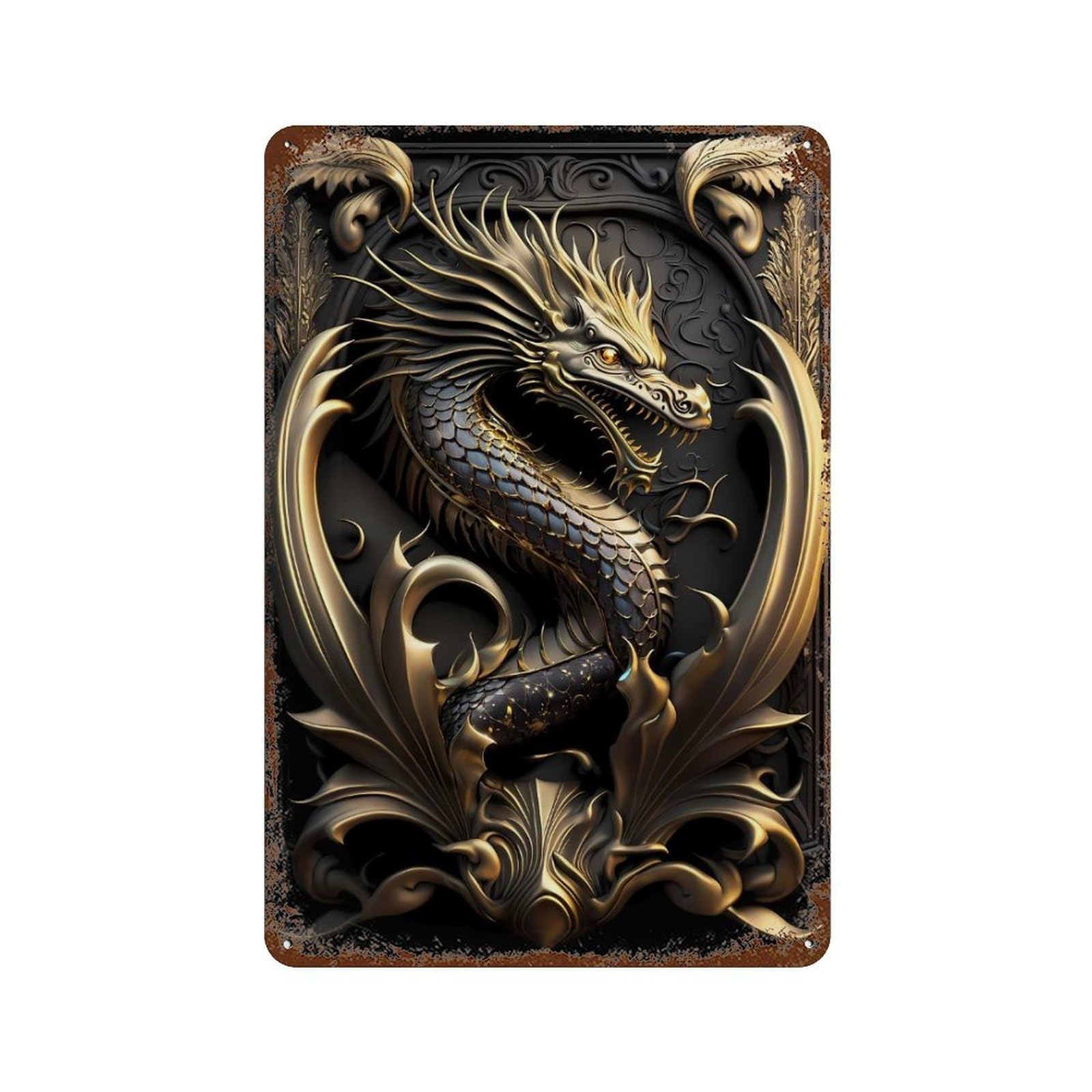 Rust Effect Sovereign Golden Dragon Rustic Tin Plaque 11.8"x7.9", Industrial Home Decor for Bistro, Counter And Cafe Decor