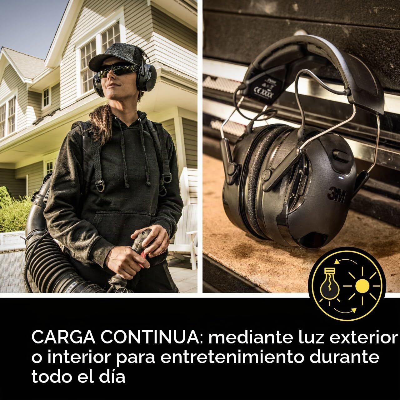 3M WorkTunes Connect & Protector auditivo Solar, Auriculares con energía Solar y luz con tecnología de autocarga, NRR 26 dB, Orejeras inalámbricas con tecnología Bluetooth y micrófono Integrado