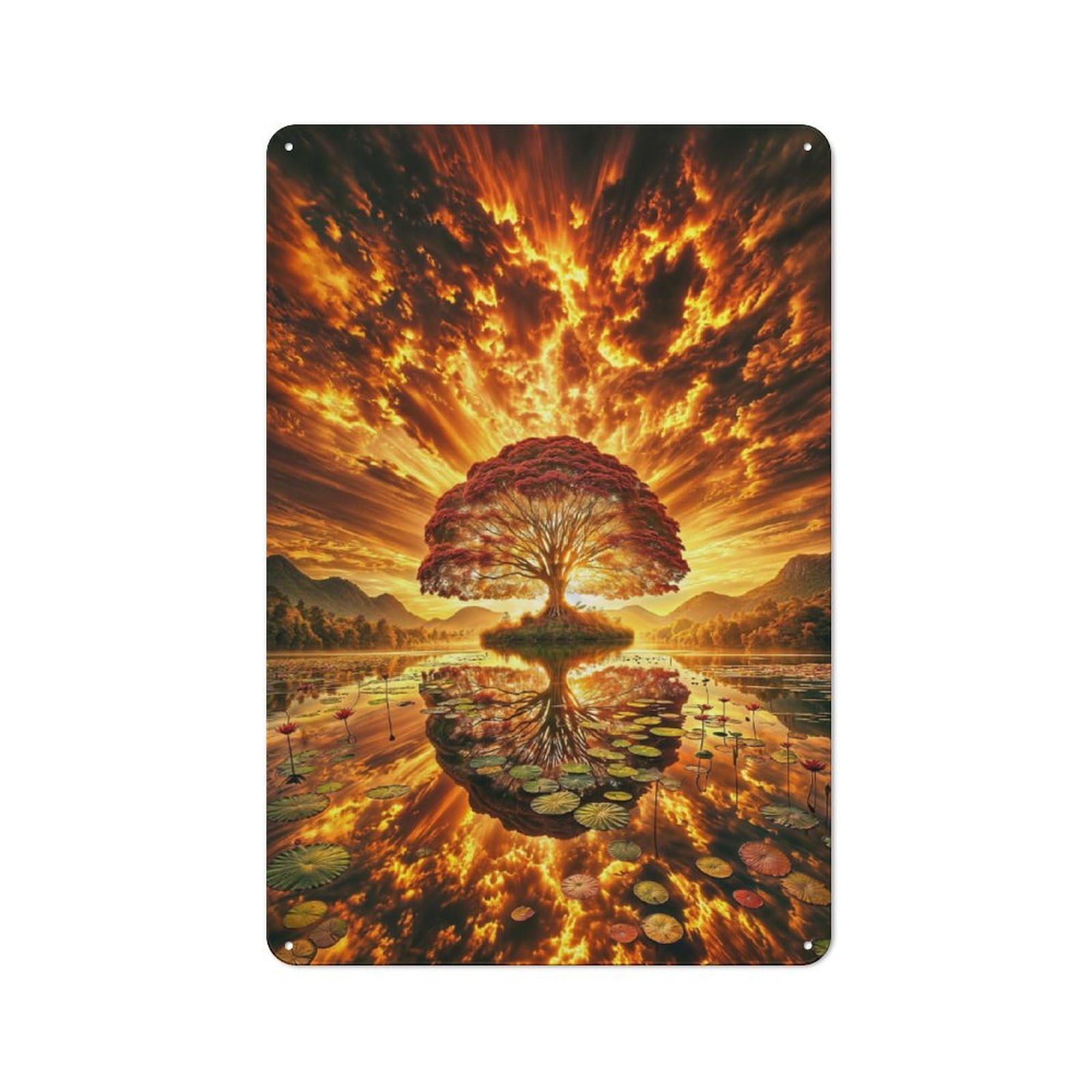 Junmoney Style-1 Fiery Sunset Tree Rustic Metal Sign 30X20cm For Garden Room Or Summerhouse, For Themed Interiors In Garden Rooms And Summerhouses