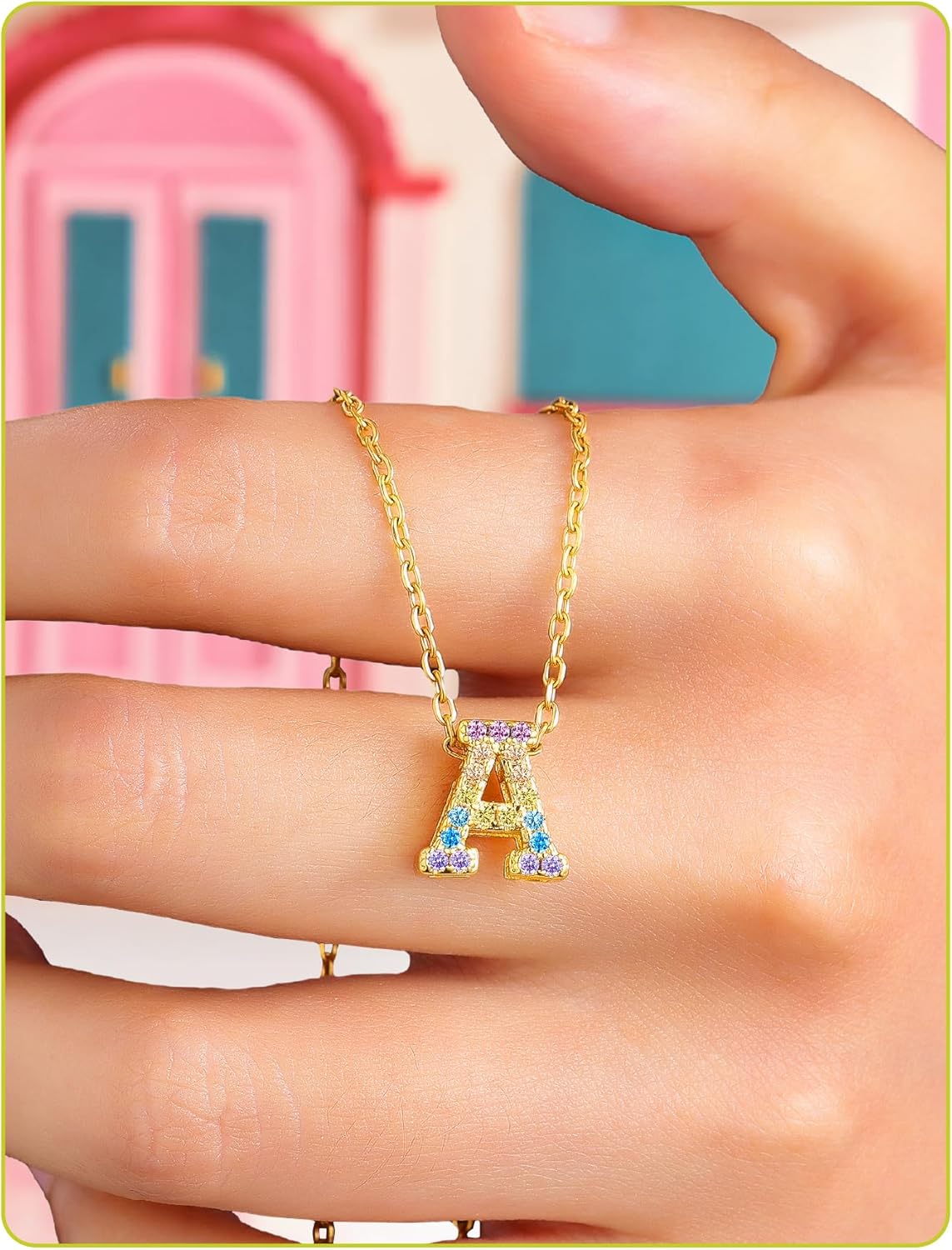 JustBeingCute Initial Necklace A-Z Letter Pendant With Colorful Cubic Zirconia White/14K Gold Plated Cute Name Jewelry for Women Small Alphabet Gifts 18+2'' Chain