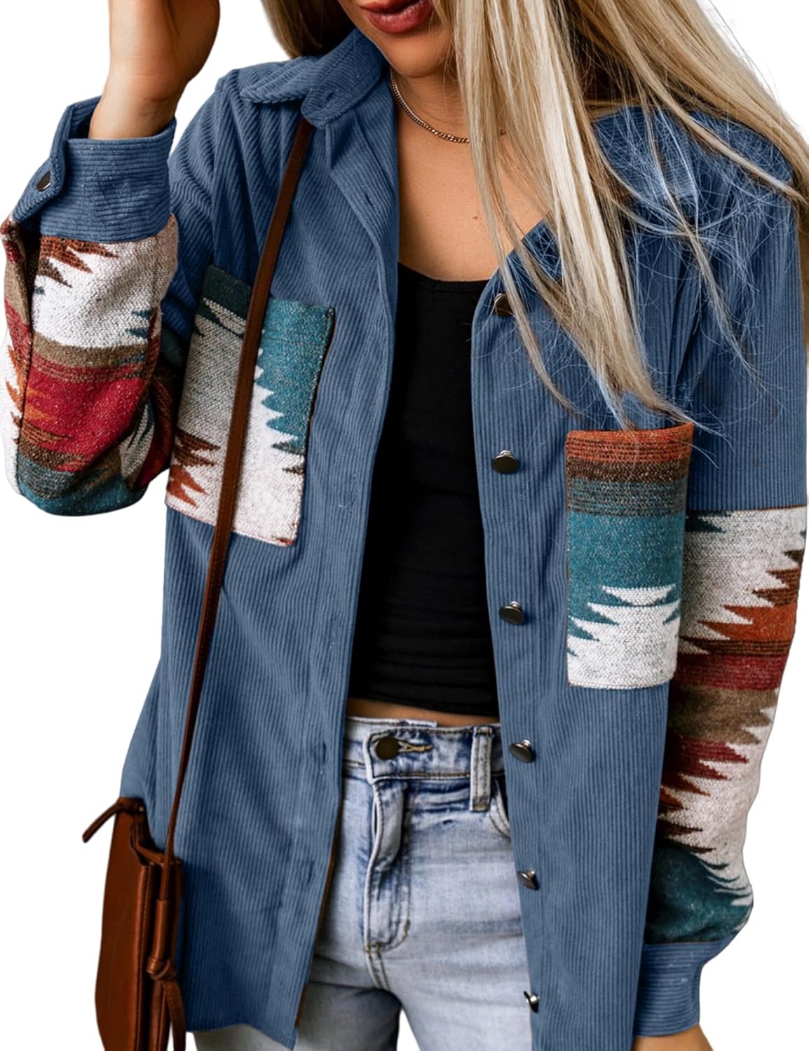 Perbai Womens Corduroy Flannel Shirt Long Sleeve Button Down Aztec Loose Shacket Jacket with Pockets