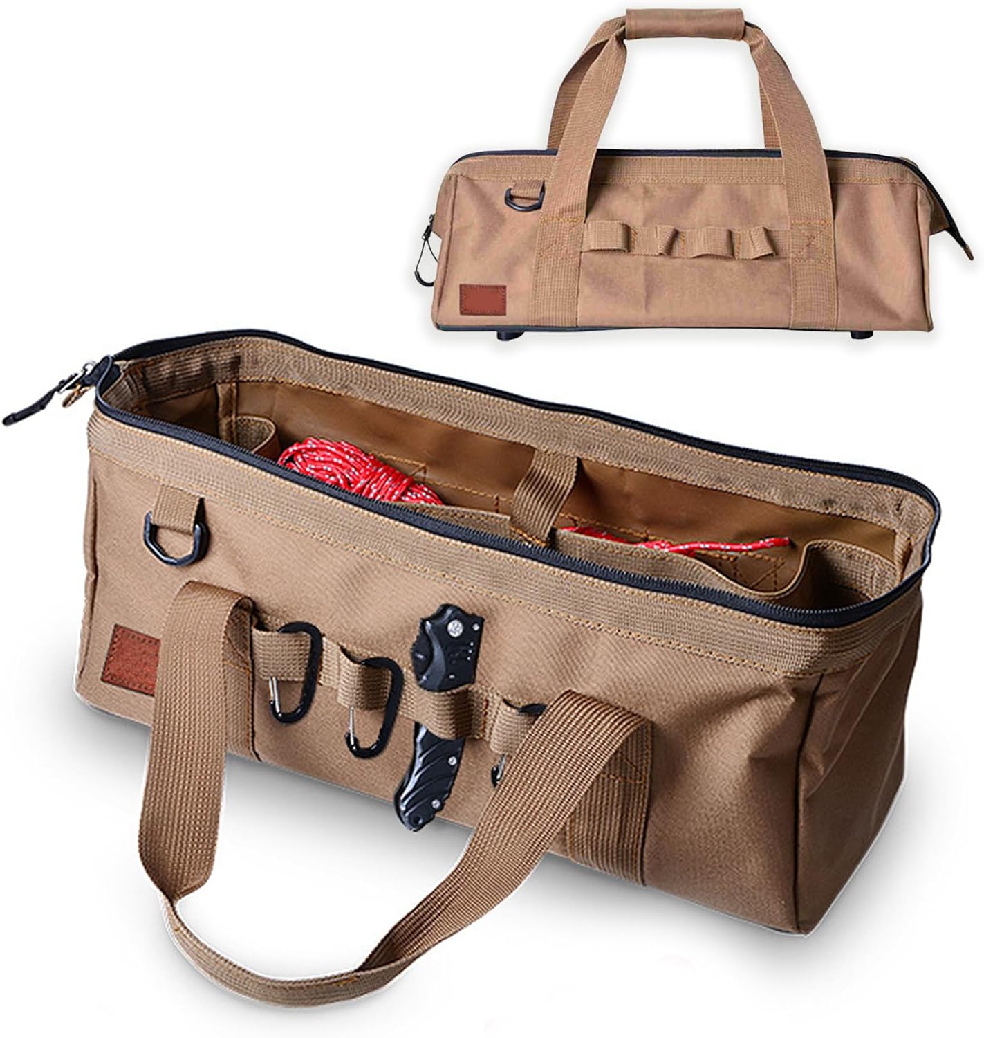 Portable Water Oxford Cloth Heavy Duty Tool Bag, Large Capacity Camping Tool Bag with Wide Mouth Storage and Zipper, Sturdy Bottom Tool Organizer for Outdoor Gear (Sand)