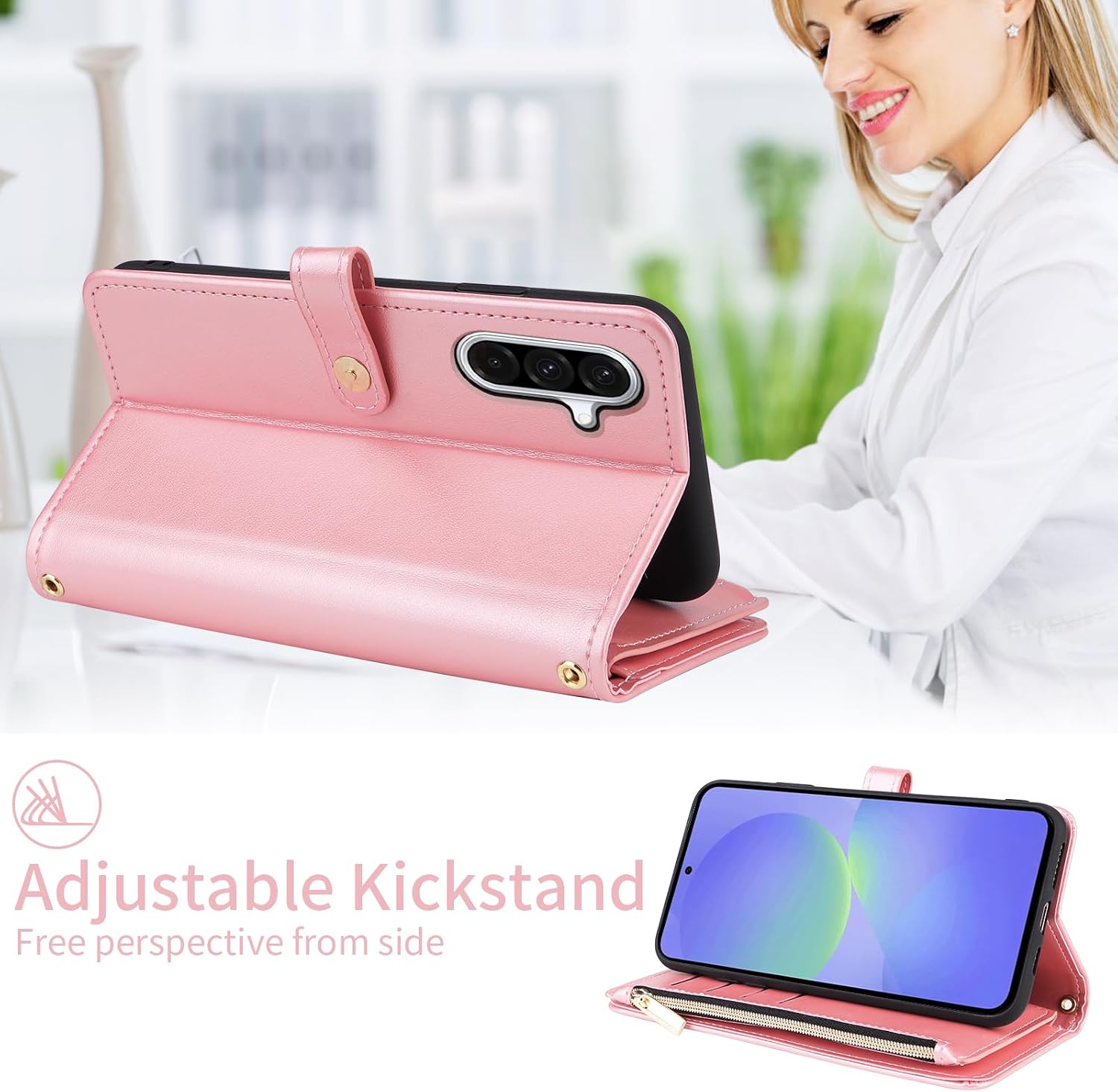 for Samsung Galaxy A16/A26 5G Floral Wallet Case with Wrist Strap Shoulder Strap, Zipper Purse PU Leather Credit Card Holder Cell Phone Cover for A 16 26 16A 26A 4G SM-A166U Women Men Pink