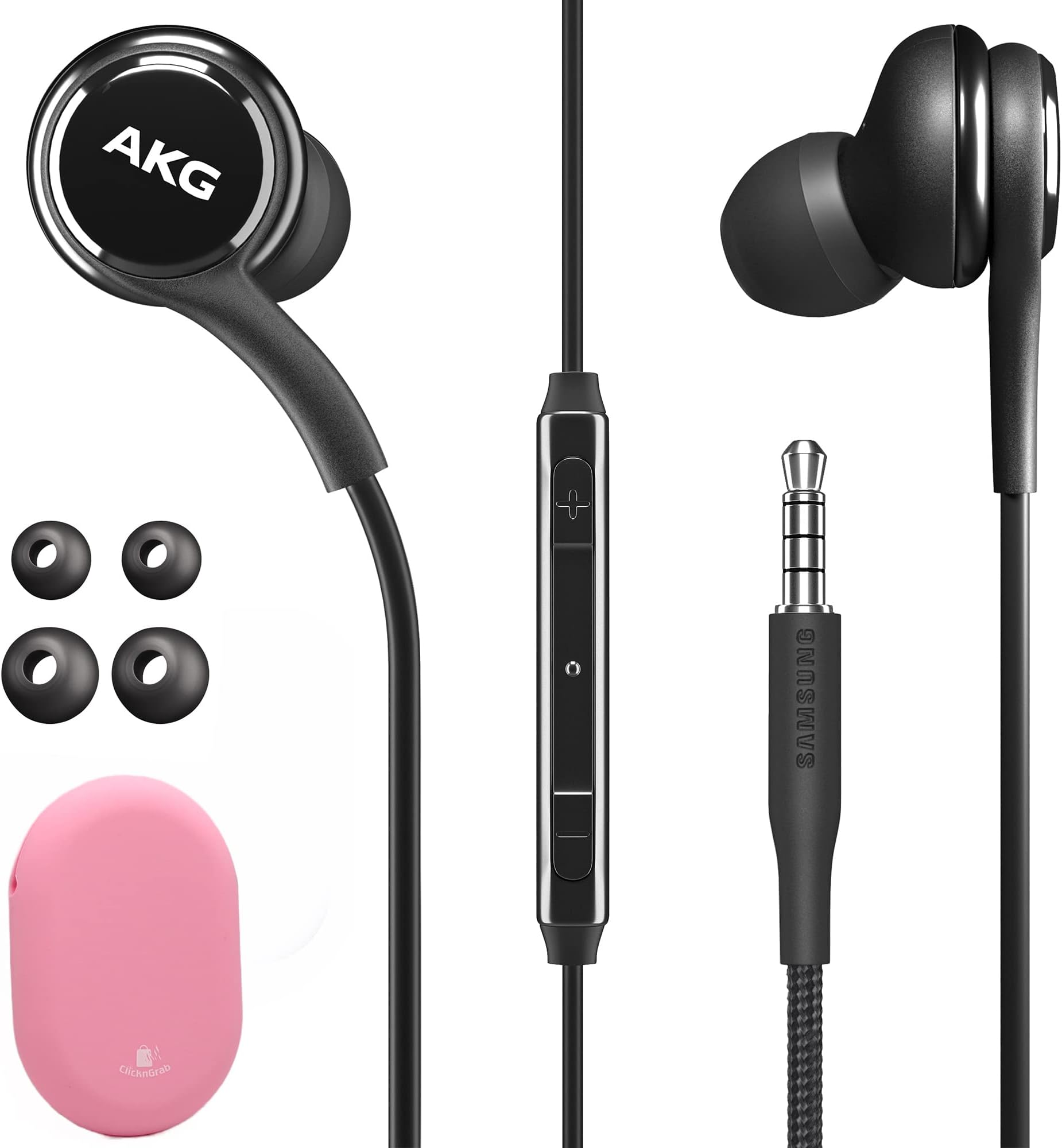Original Samsung AKG Earbuds 3.5mm in-Ear Earbud Headphones with Remote & Mic for Galaxy A71, A31, Galaxy S10, S10e, Note 10, Note 10+, S10 Plus, S9 - includes Rubber Pouch - (AKG + Pink Pouch)