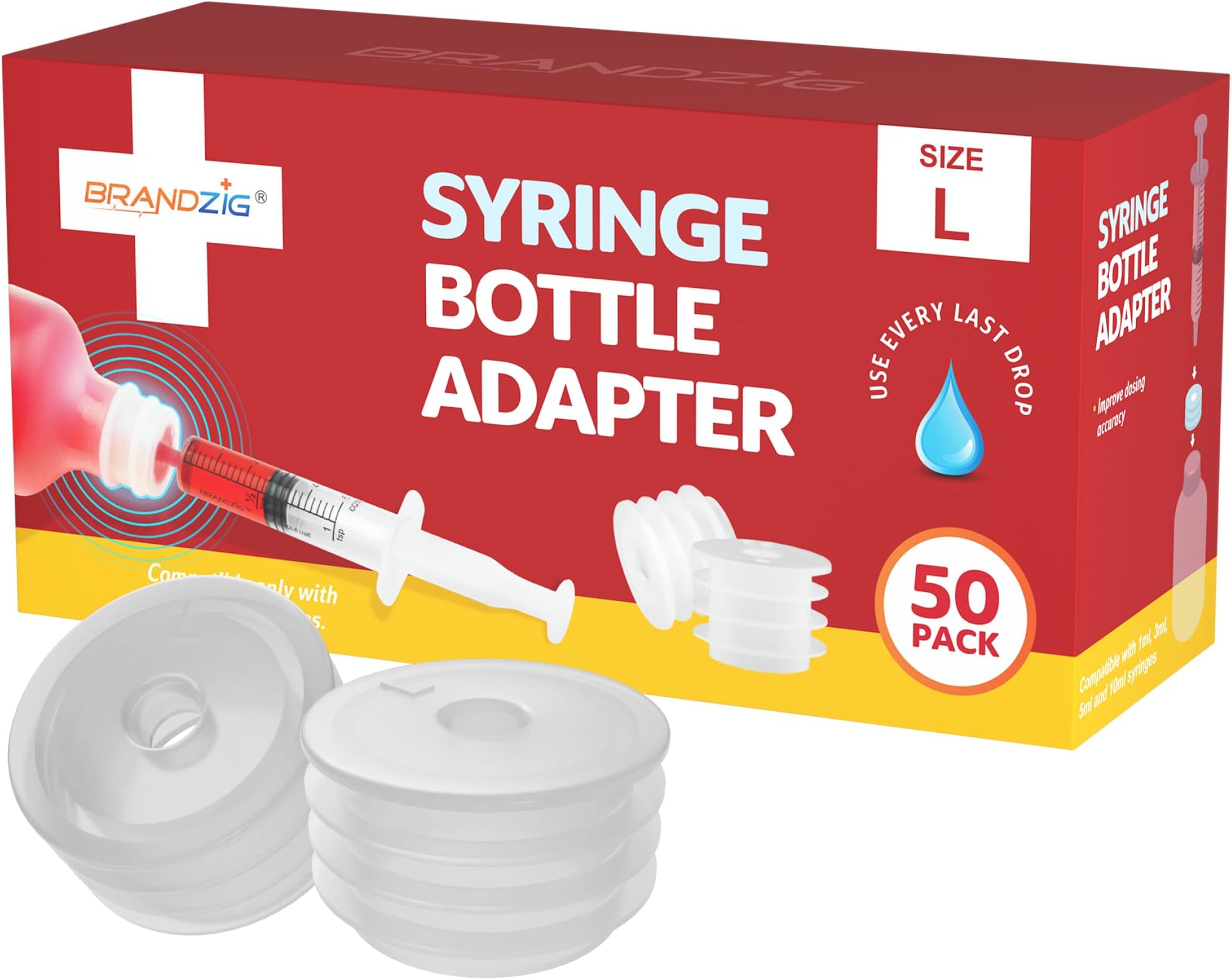 Medicine Bottle Syringe Adapter For Oral Dispensers | Size Large, 50 Pack | Press In Bottle Adapter for Liquid Medication | Only Fits Brandzig 1ml, 3ml, 5ml & 10ml Syringes