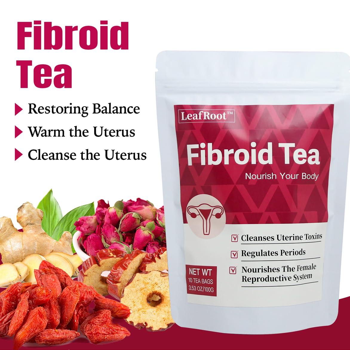 LEAFROOT Herbal Fibroid Tea for Women Shrink & Ovarian Cysts, Natural Plants Help Remedy and Restore Hormone Balance, Cleanse & Warm Uterus, Womb Detox Fertility Tea to Get Pregnant Fast - Image 2