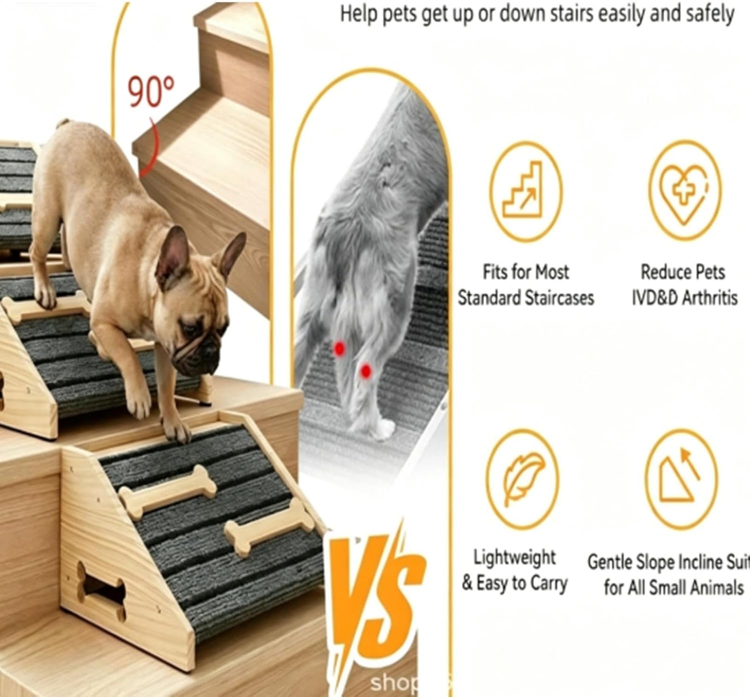 Wooden Dog Ramp - Portable Non-Slip Pet Stair Ramp with Felt, Indoor Sofa Bed Access, Support Step for Small Medium Pets, Home Bedroom Couch Doorway Mobility Assistance Tool