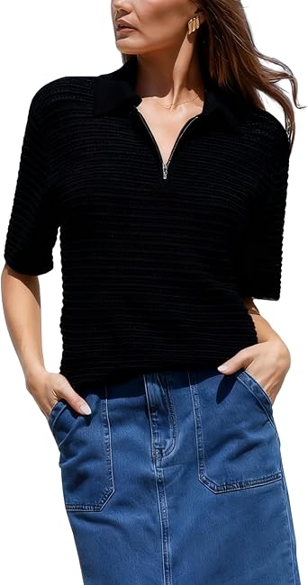 Bianstore Womens Casual Short Sleeve Quarter Zip Pullover Tops Collar Cropped Lightweight Knit Sweater