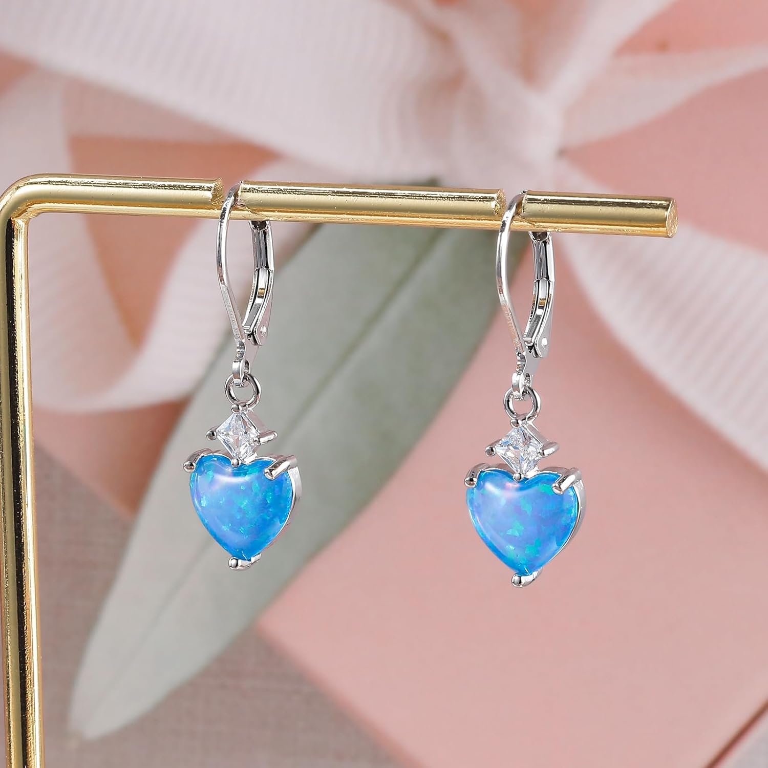 CiNily Heart Opal Earrings Dangle Drop Earrings for Women Trendy Heart Pendant Earrings, CZ Leverback Earrings Opal Jewelry Gifts, 14K White Gold, Rose Gold, Yellow Gold - Image 4