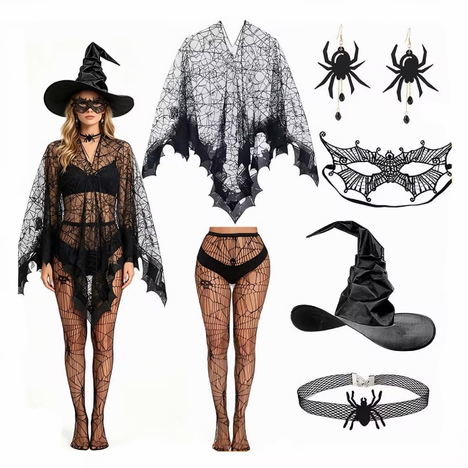 Gliswaieuznd 6 PCS Halloween Witch Costume for Women Cosplay Party Set (Black, One Size)