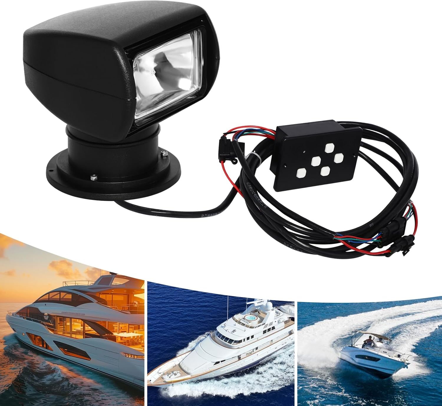 Boat Searchlight, DC 12V 100W Halogen Searchlight, Marine Boat Search Lights, 355°(Left/Right), 72°(Up/Down) Rotation, Rotating Marine Spotlight for Boats Truck Car(Black 2300LM 4300K)