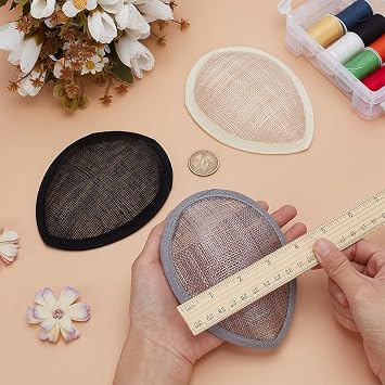 FINGERINSPIRE 3PCS Teardrop Fascinator Hat Base 5x4 inch (Black, White, Gray) Linen Mesh Millinery Base Cocktail Hats Making Base, Hat Craft Material for Making Fascinators and Cocktail Hats