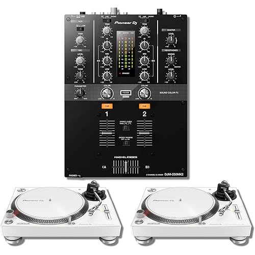 Pioneer DJM-250MK2 2-channel DJ Mixer with Pioneer PLX-500 White Direct Drive Turntables (Pair)