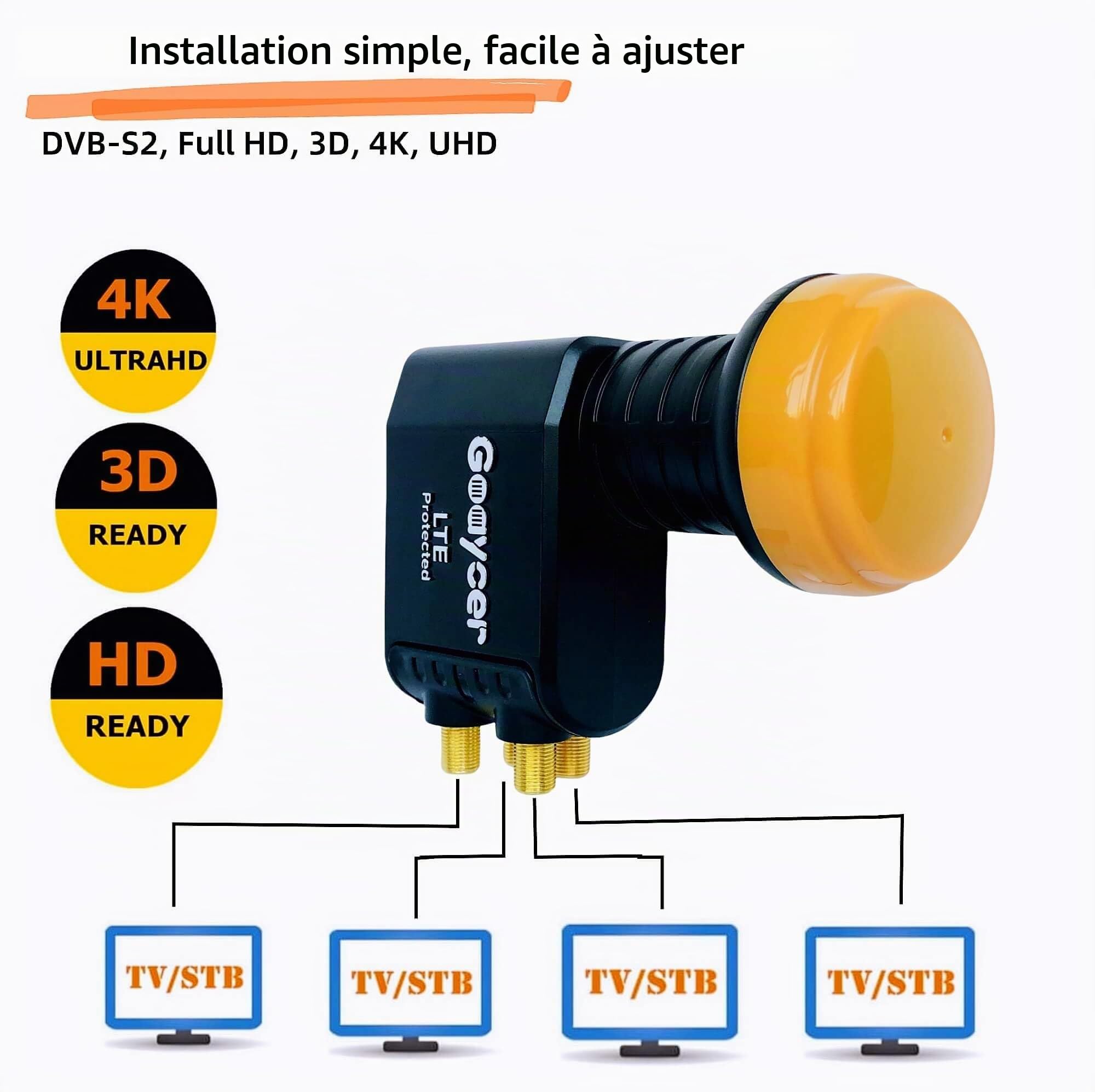 Quad LNB numérique 4 voies HD 4K, avec filtre LTE, fiche plaquée or, protection contre les intempéries, 3D, qualité supérieure