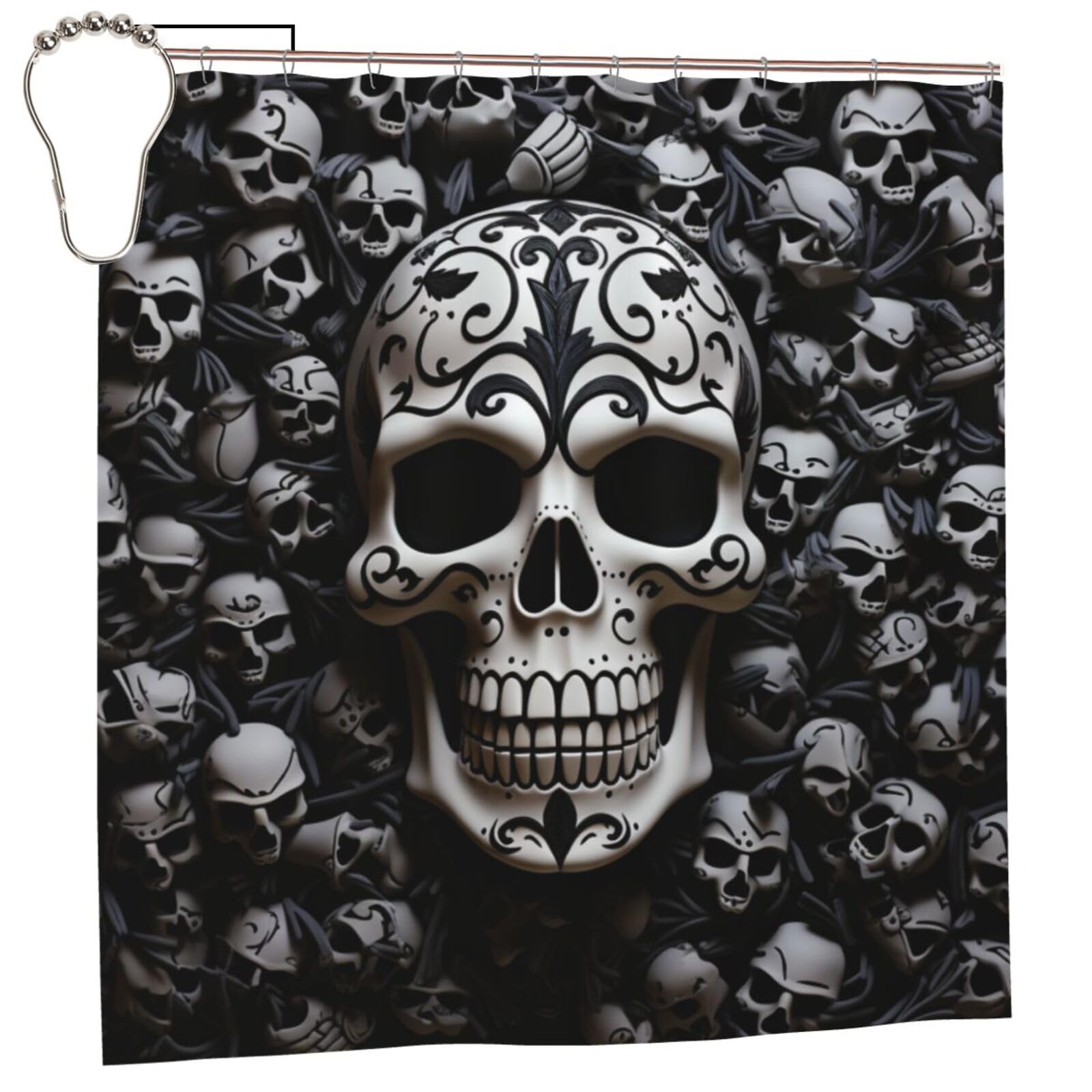 FodPand Black and White Skulls Shower Curtain 70"x70" Waterproof Long Bathroom Curtain Heavy Duty Thick Cloth Bath Curtain Set with Hooks, Modern Abstract Art Pattern Bathroom Shower Curtains