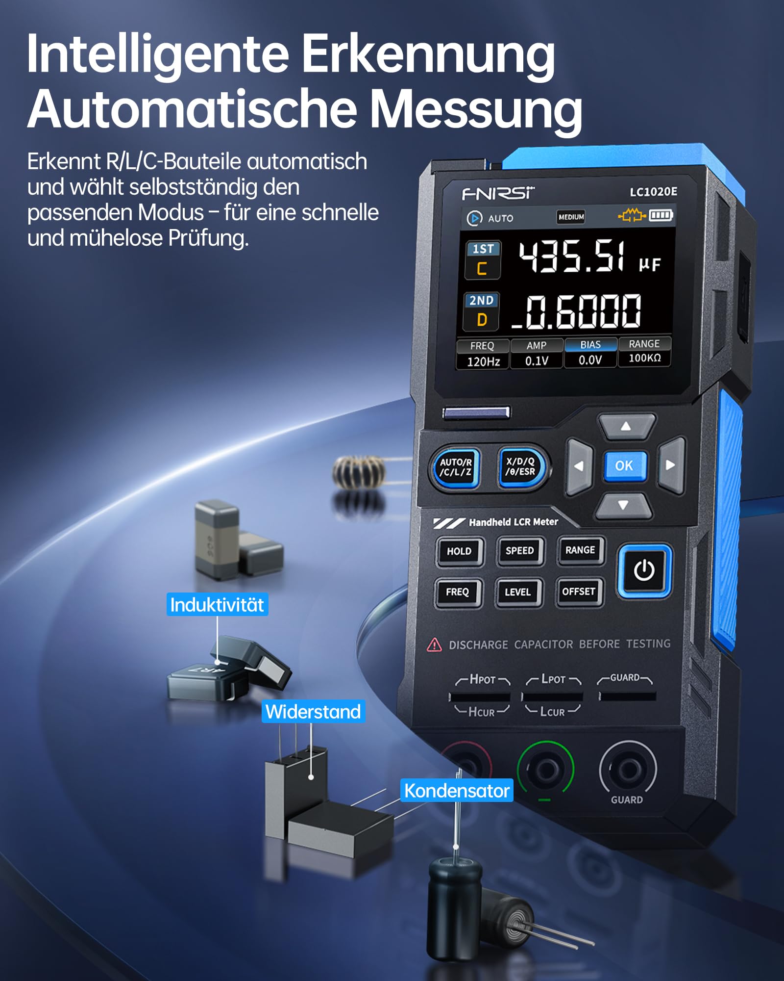 FNIRSI LC1020E 100kHz LCR-Meter, 19999 Counts Widerstands-Induktivitäts-Kondensatortester, Auto Bauteilerkennung, Misst ESR/Q/D/θ/X, Doppelparameteranzeige, Sortierung & offen/Kurzschlusskalibrierung