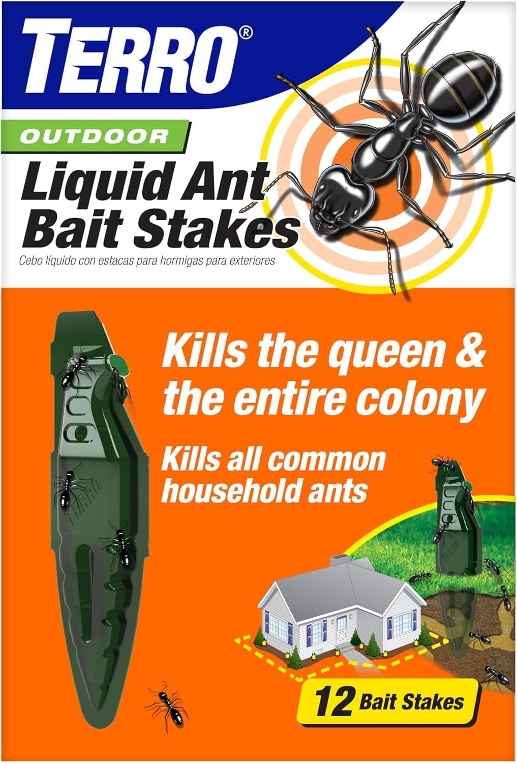 TERRO Outdoor Liquid Ant Bait Stakes 12-Pack - Ready-to-Use Ant Killer Traps for Household Ants including Acrobat, Crazy, Ghost and Little Black Ants, Weatherproof,