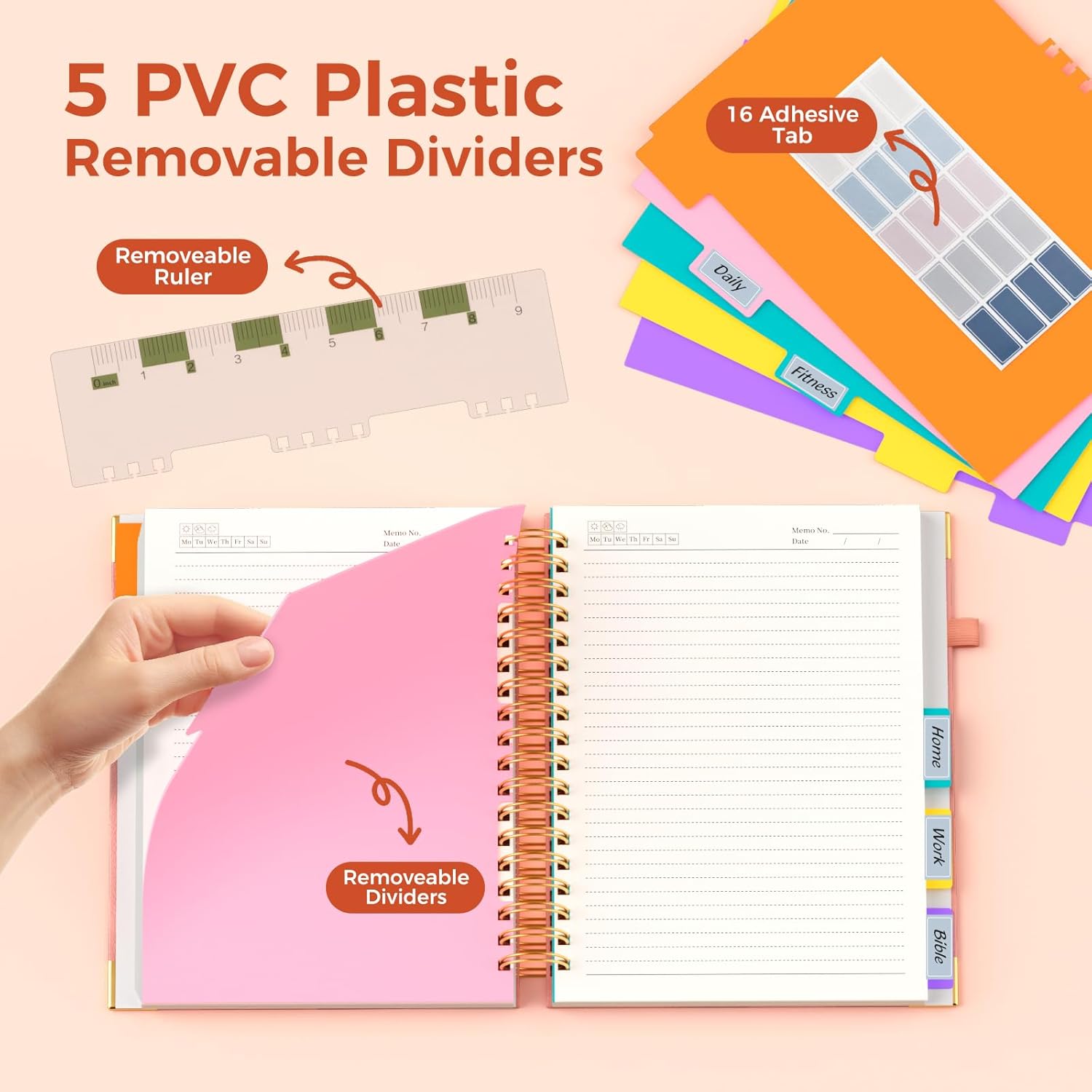 Line Hardcover Spiral Notebook with Removable Dividers Tabs & Ruler, 5 Subject Notebook College Ruled, 300 Page, Large 8"x10" B5 Notebooks for Work School, Lined Journal for Women & Men, Pink - Image 5