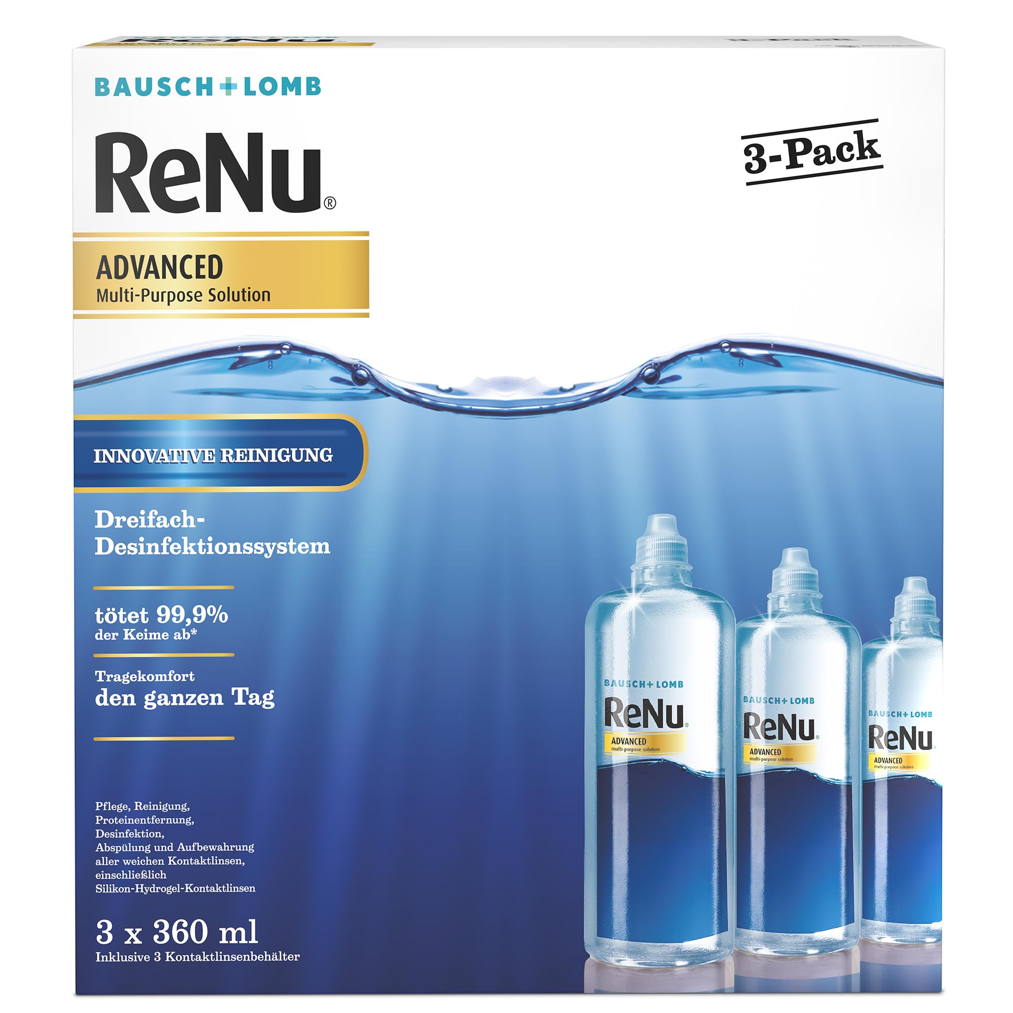 Bausch + Lomb ReNu Advanced Kombilösung mit 3fach Desinfektion - Kontaktlinsenreiniger, Aufbewahrungslösung, für weiche Linsen, 3er Pack 3 x 360 ml