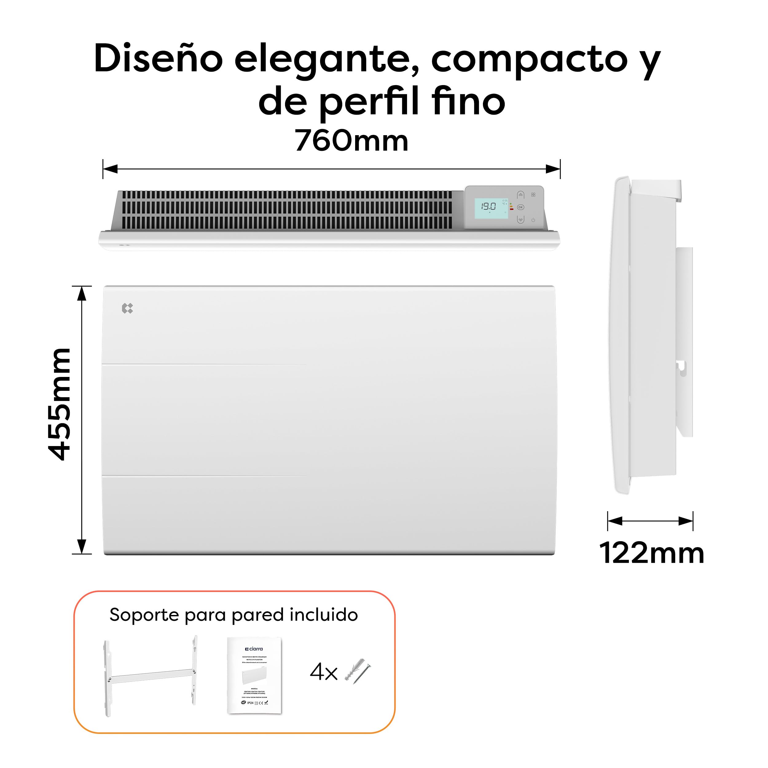 CIARRA Radiador de Inercia 1500W, Calefactor Eléctrico de Pared Inteligente | Emisor Térmico Cerámico Mural con Programación Semanal y Bloqueo Infantil para Baño o Dormitorio (10-20 m²)-CBHT15E