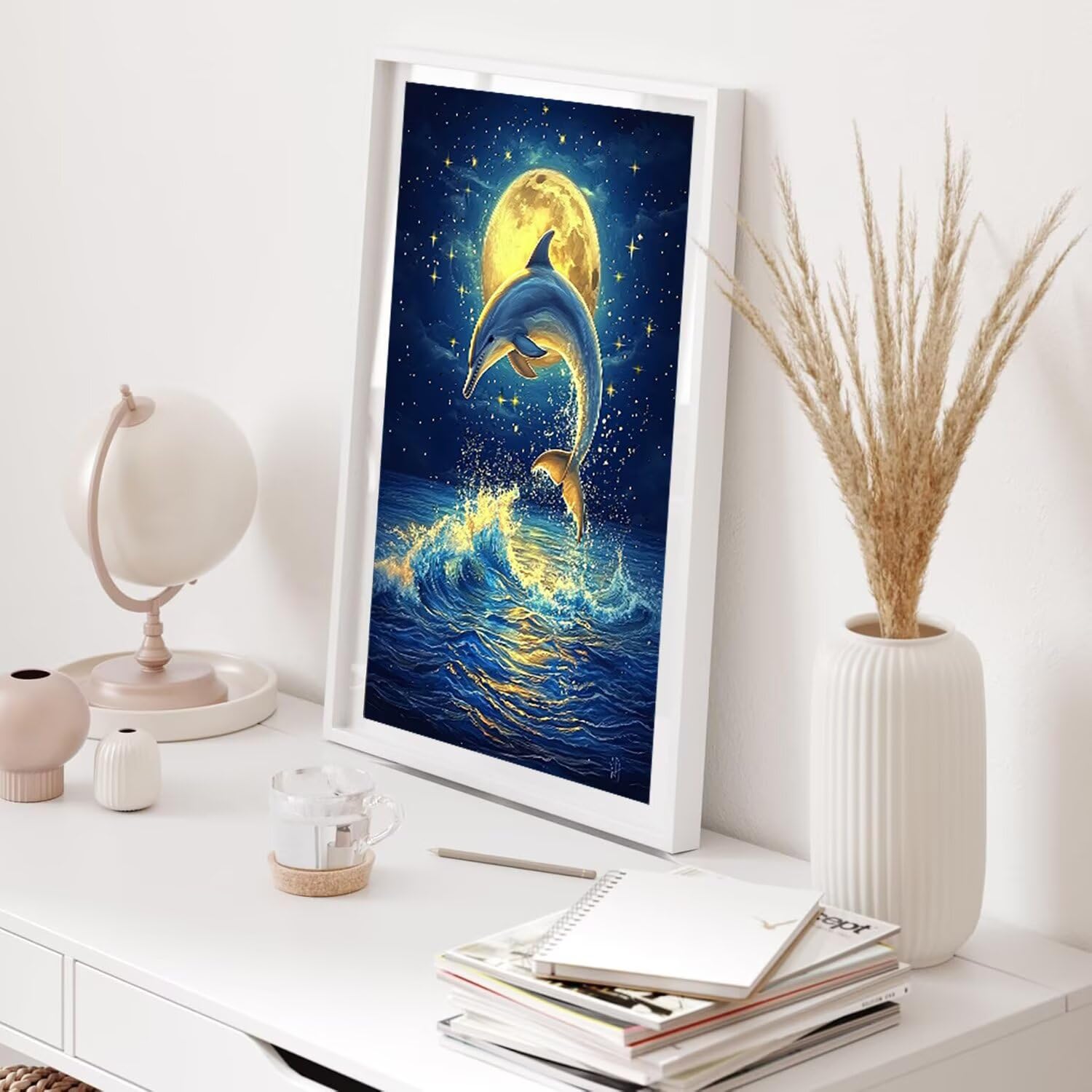 Hyupuanj Zestaw do malowania diamentowego 5D DIY Dolphin Moon, 91 x 122 cm
