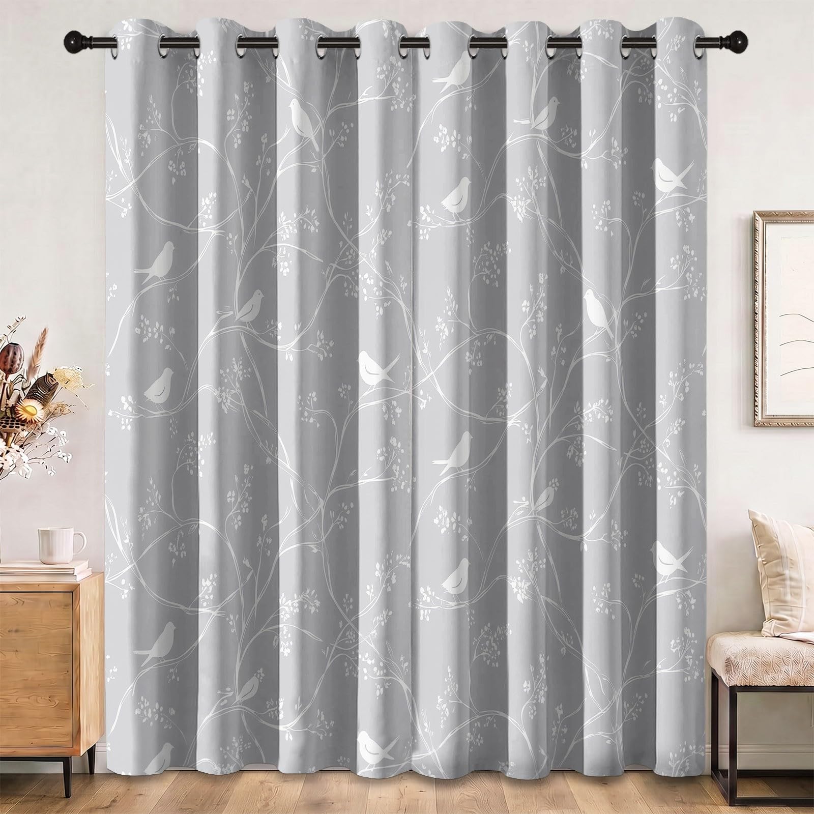 Rideau occultant à Motif de Petits Oiseaux, Oiseau Feuille Rideaux œillets Isolation Thermique Traitements fenêtre à œillets pour Chambre À Coucher, 140L X 260H cm (2 Panneaux), Gris Blanc