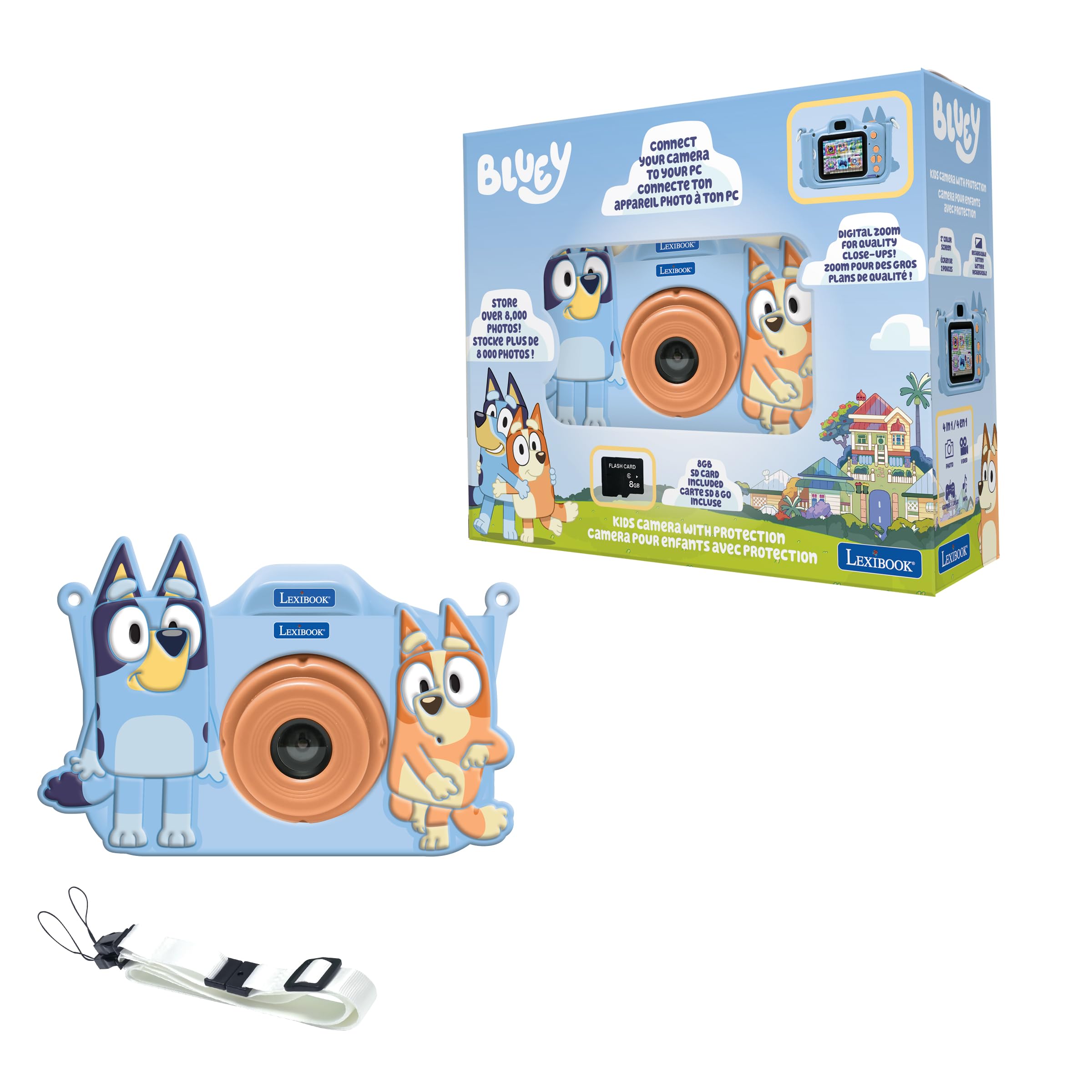 Lexibook, Bluey, Cámara Digital para niños, videocámara de 1080p, Reproductor MP3, Juegos Integrados, USB, Recargable, Tarjeta SD de 8 GB incluida, DJ078BY