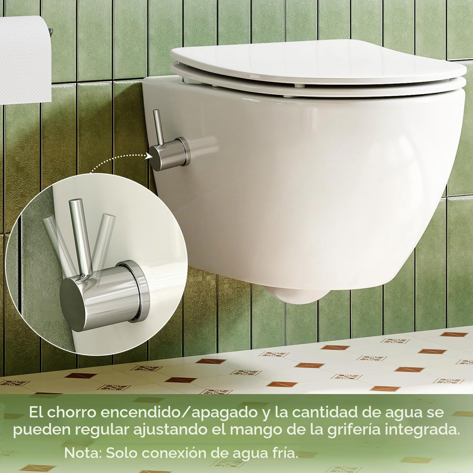Inodoro de ducha con boquilla integrada, inodoro colgante con función de bidé, inodoro Taharet con nanorevestimiento, inodoro con ducha con grifo, asiento de inodoro con cierre automático, 53×36×35 cm