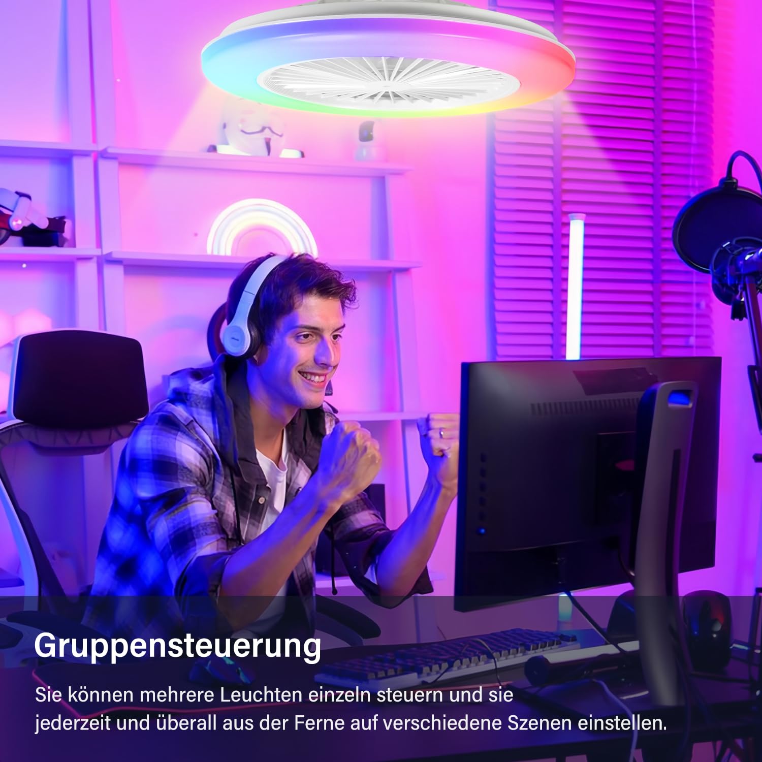 Deckenventilator mit Beleuchtung, Smart RGB LED lampe mit ventilator 3 Farbtemperaturen, deckenlampe mit licht 6 Geschwindigkeiten, Timer, Sommer-Winterbetrieb, Deckenleuchte für Wohnzimmer