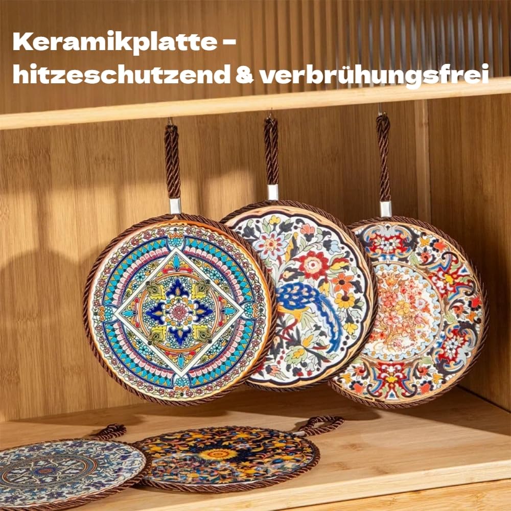 Ścierki do garnków w stylu vintage z płytą ceramiczną (Ø 17 cm, zestaw 4-częściowy) – ochrona przed wysoką temperaturą i antypoślizgowe, wielofunkcyjne podkładki pod garnki, kubki, talerze i