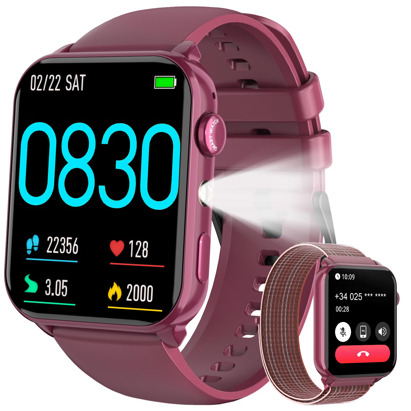 Baolubao Smartwatch Donna, Orologio Smartwatch con LED Torcia, Effettua/Risposta Chiamate, Orologio Intelligente con DIY Quadranti, Contapassi, Sonno, Smart Watch per Android iOS(2 Cinturini)