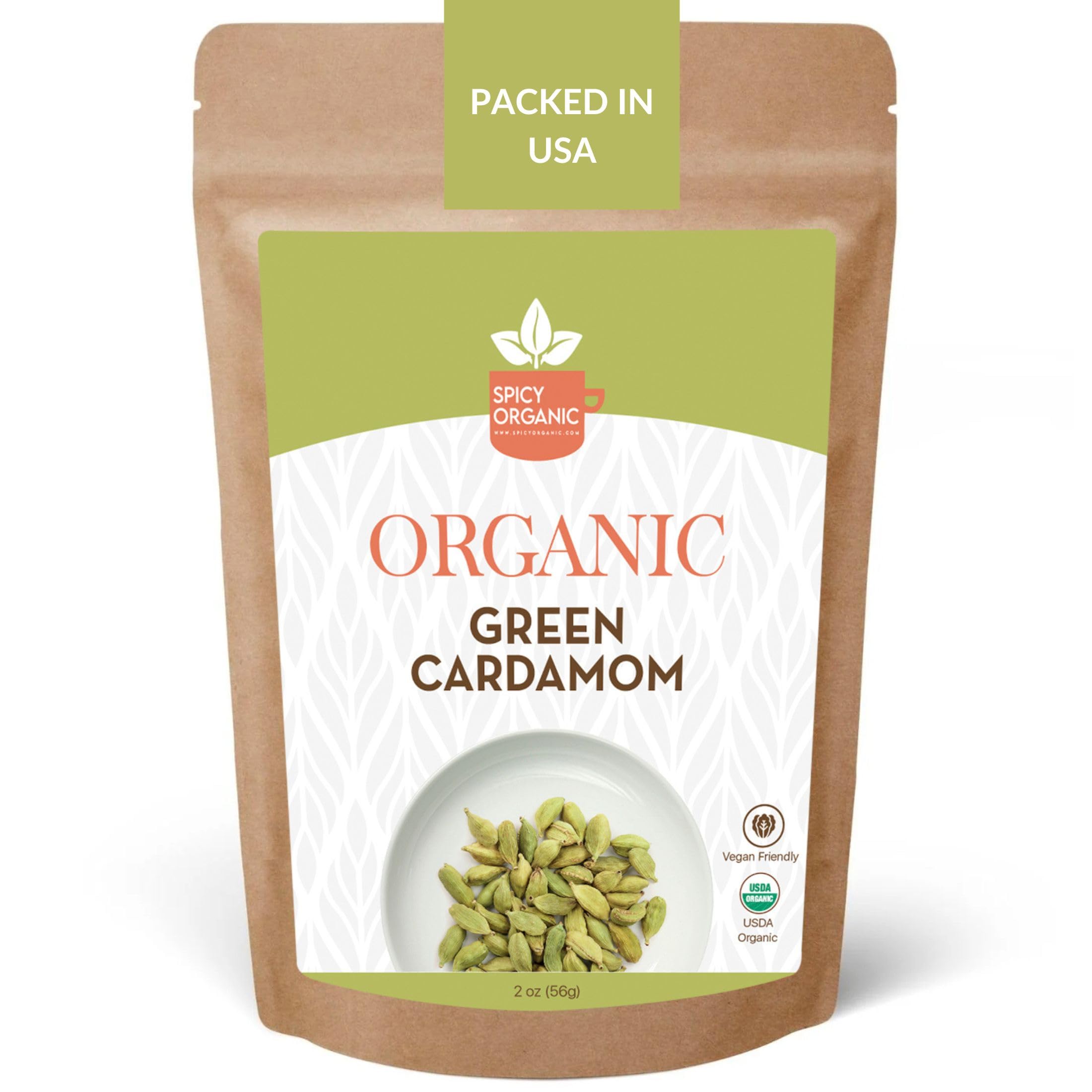 SPICY ORGANIC Green Cardamom Pods – 2 oz - Whole Cardamon Seeds for Authentic Spice Flavor, Natural Cardamon Pod for Tea, Cooking, and Baking- USDA Certified Organic, Gluten-Free, Non-GMO and KosherUSDA Organic