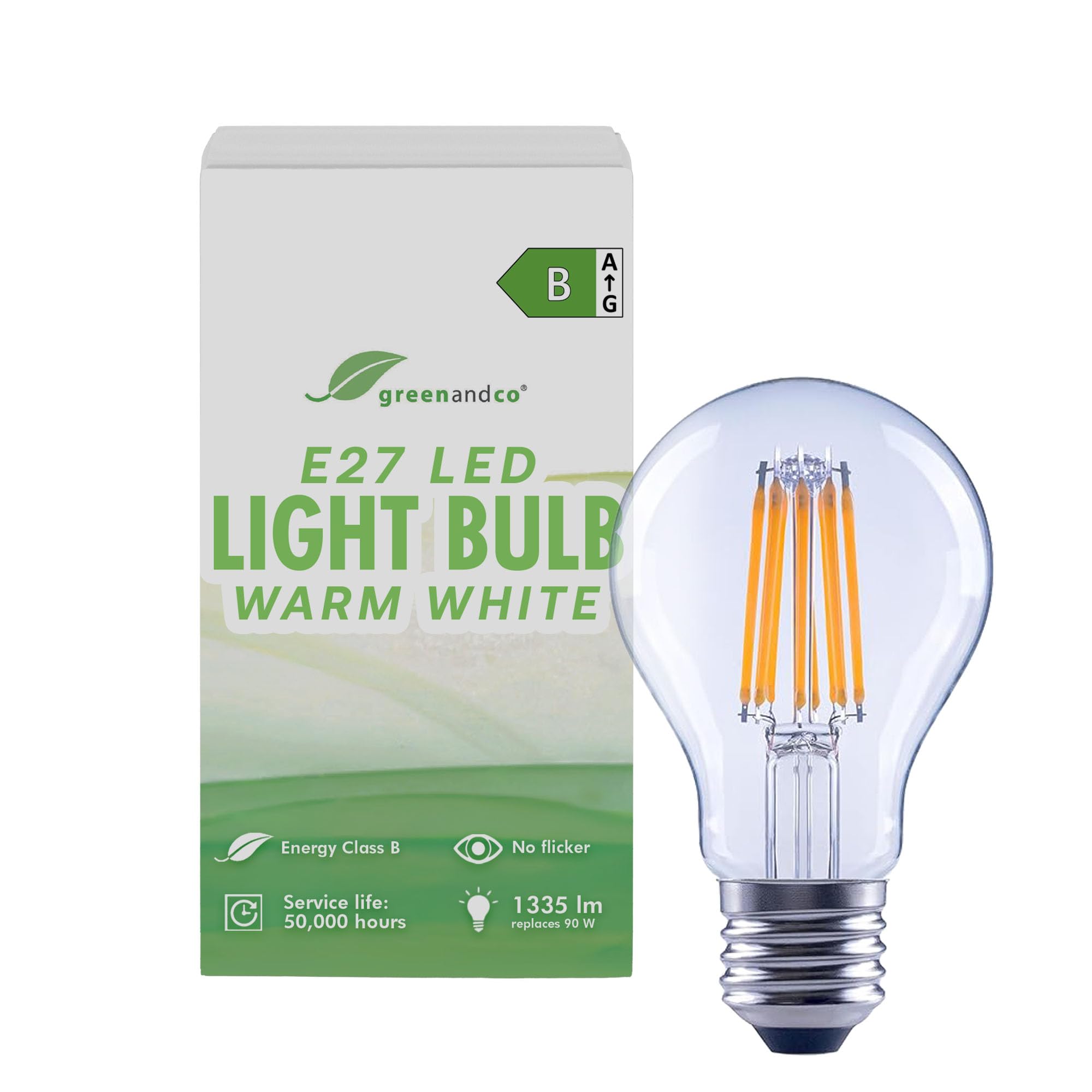 greenandco LED Filament Light Bulb | Clear | CRI 90+ | E27 A60 | 7.2W 1335lm | Replaces 90W | 3000K Warm White | 320° | 230V | Flicker Free | Energy Class B | Non-dimmable