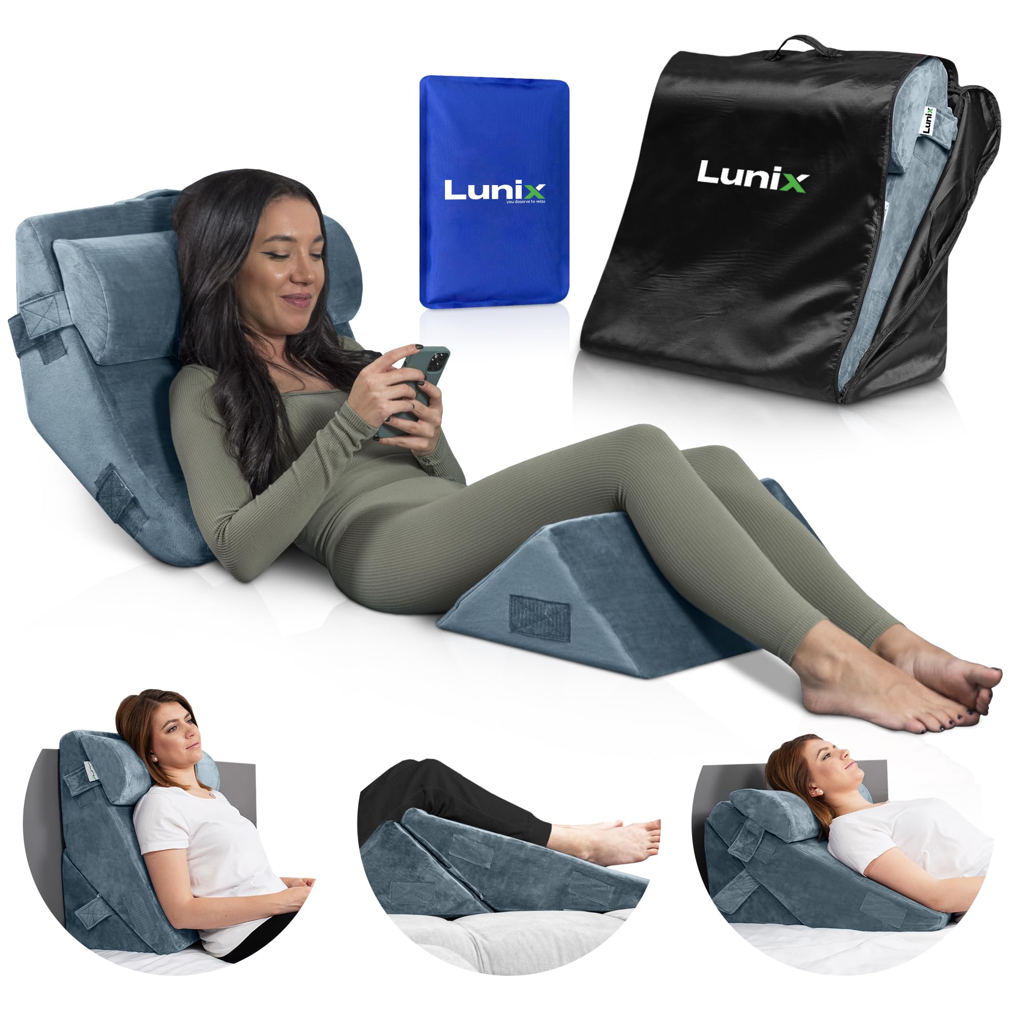 Lunix 3pcs Orthopedic Bed Wedge Pillow Set, Post Surgery Memory Foam for Back, Leg, Knee Pain Relief, Sitting Pillow, Adjustable Pillows for Sleeping, Acid Reflux and GERD, with Hot Cold Pack, Navy