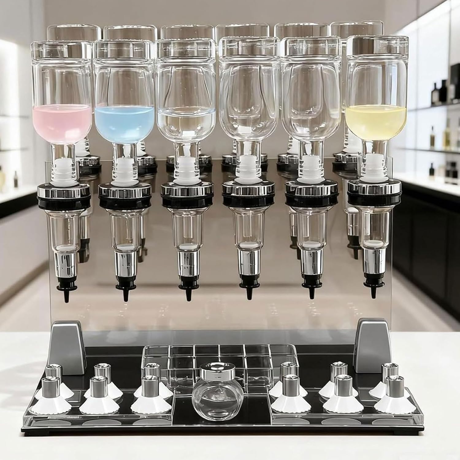 Dispenser Manuale di Profumo con Pompe e flaconi in Vetro | Include Supporto Espositore Da 12 Posti; Ideale Per Negozi E Bar