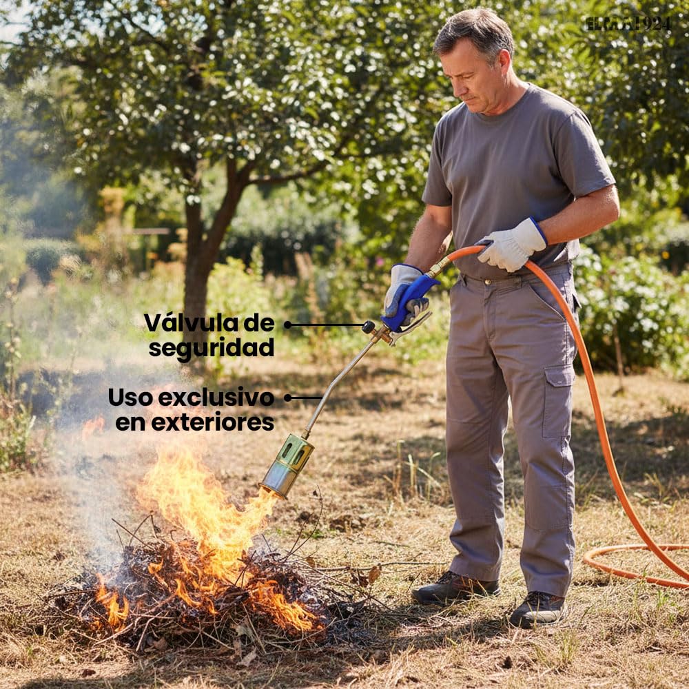 ELMA Soplete Chamuscador con Manguera 3 m y Boquilla Ø60 mm, Compatible con Gas Butano y Propano | Gatillo de Seguridad y Válvula Antifugas | Uso Exterior Jardinería y Agricultura