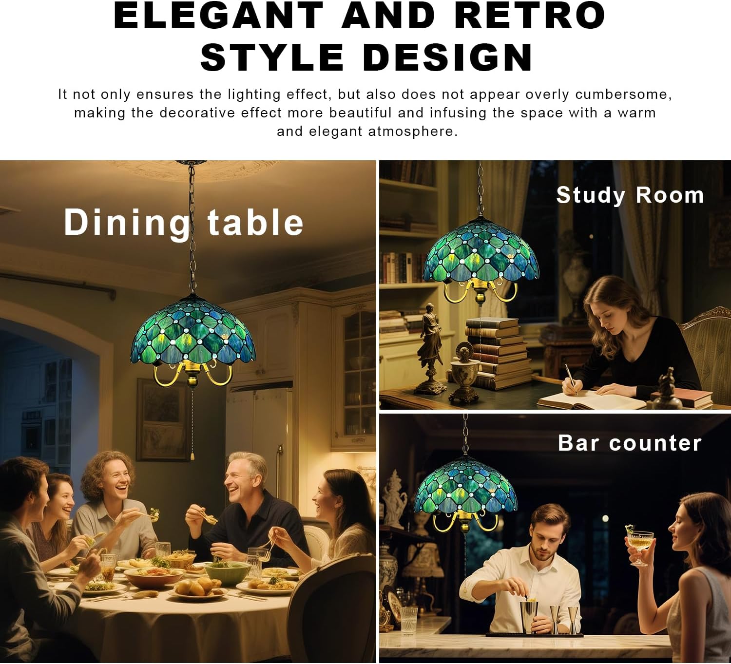 Tiffany Pendant Light, Sea Blue Pearl Style Stained Glass Pendant Light 16'' Wide 3-Light, Inverted Ceiling Pendant Lights for Living Dining Room Kitchen Bedroom Entryway