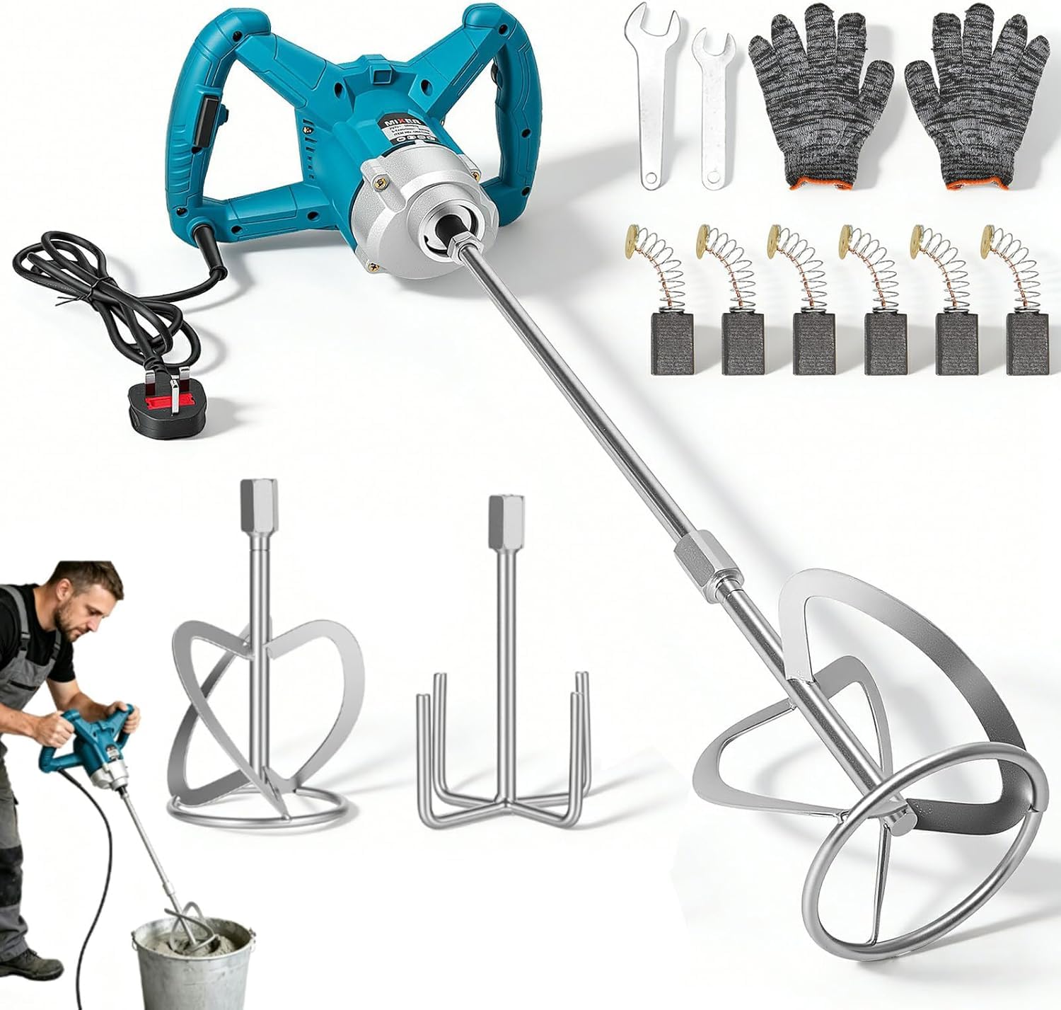 TYH Mezcladora De Cemento Eléctrica De 3200 W para Hormigón, Hormigón, Yeso, Mortero Y Pintura, con Paletas Mezcladoras, Motor Sin Escobillas, 6 Velocidades, Interruptor De Bloqueo Y Velocidad