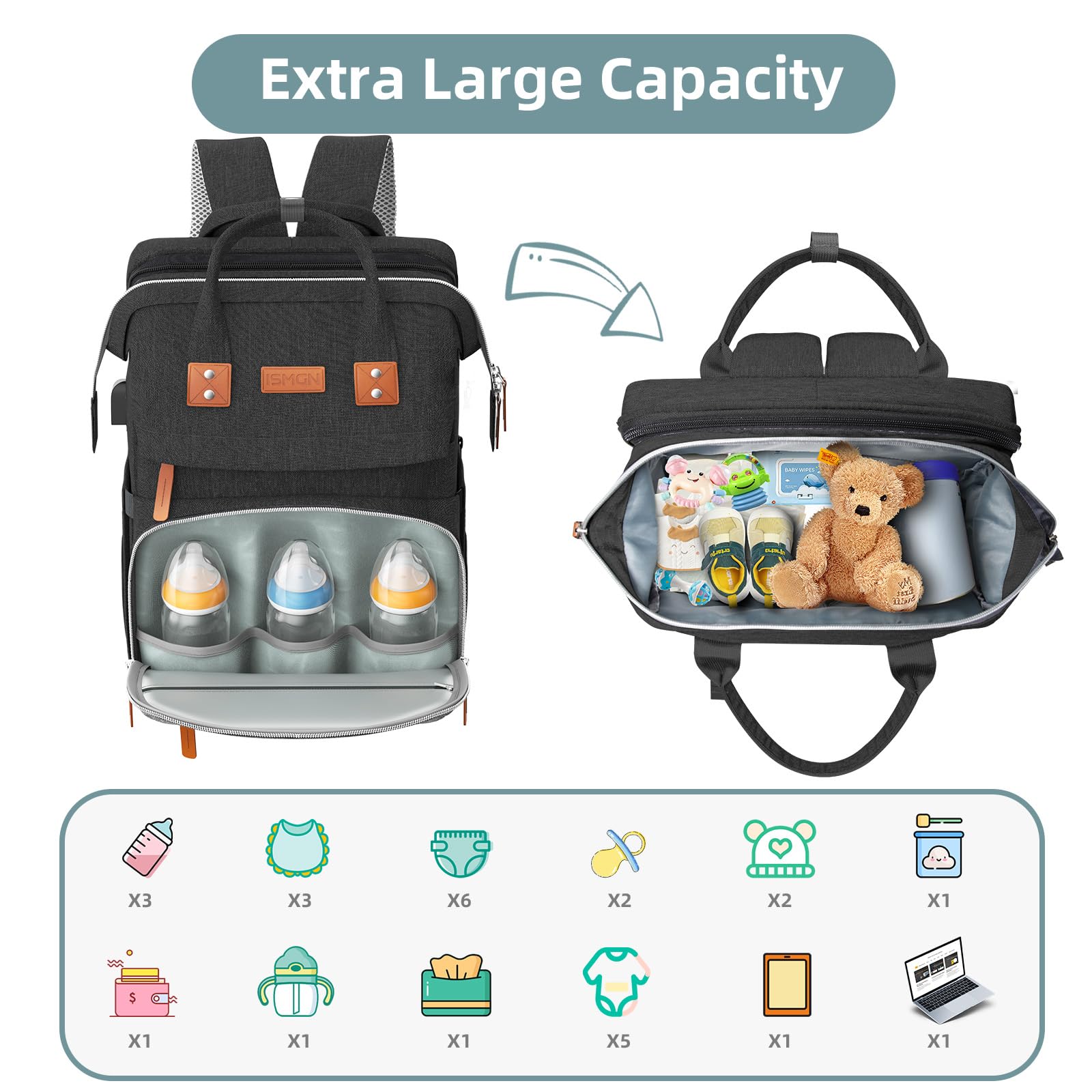 Condition photo showing As Is for diaper bag backpack with changing station, large diaper bag, baby bag, multifunctional diaper bag, black