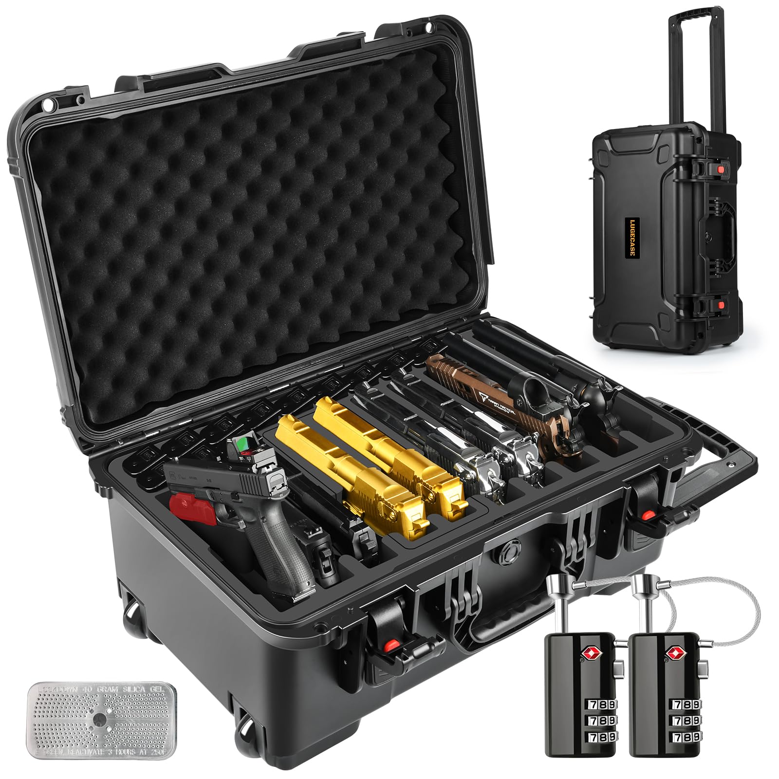 Wheeled Pistol Gun Case for 10 Handguns - Holds 10 Pistols & 12 Magazines, Pre-Cut Pistols Hard Shell Gun Box, TSA Approved Pistol Case for SIG Sauer, Smith & Wesson, for Colt, for Revolver, for Glock