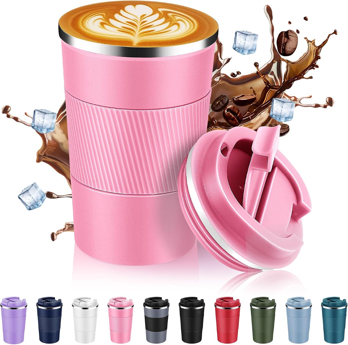 Volhoply Taza de café de viaje con aislamiento de acero inoxidable de 13 oz con tapa Fip, taza de café de metal al vacío de doble pared reutilizable, vaso térmico de café portátil a prueba de fugas para bebidas frías y calientes (rosa, 1)