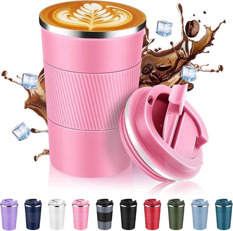 Volhoply Taza de café de viaje con aislamiento de acero inoxidable de 13 oz con tapa Fip, taza de café de metal al vacío de doble pared reutilizable, vaso térmico de café portátil a prueba de fugas para bebidas frías y calientes (rosa, 1)