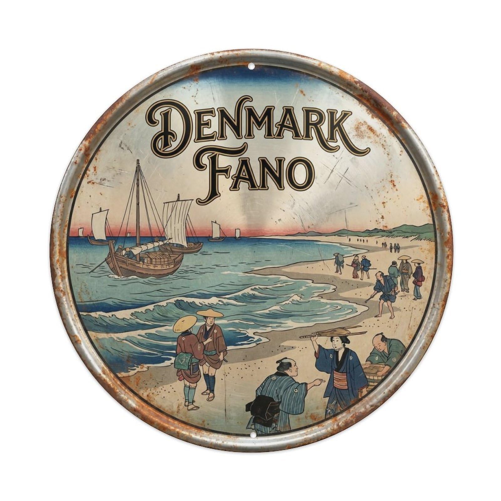 Este 8X8inch Style Fano Beaches Danish Woodblock Harbor Landmark Metal Tin Sign