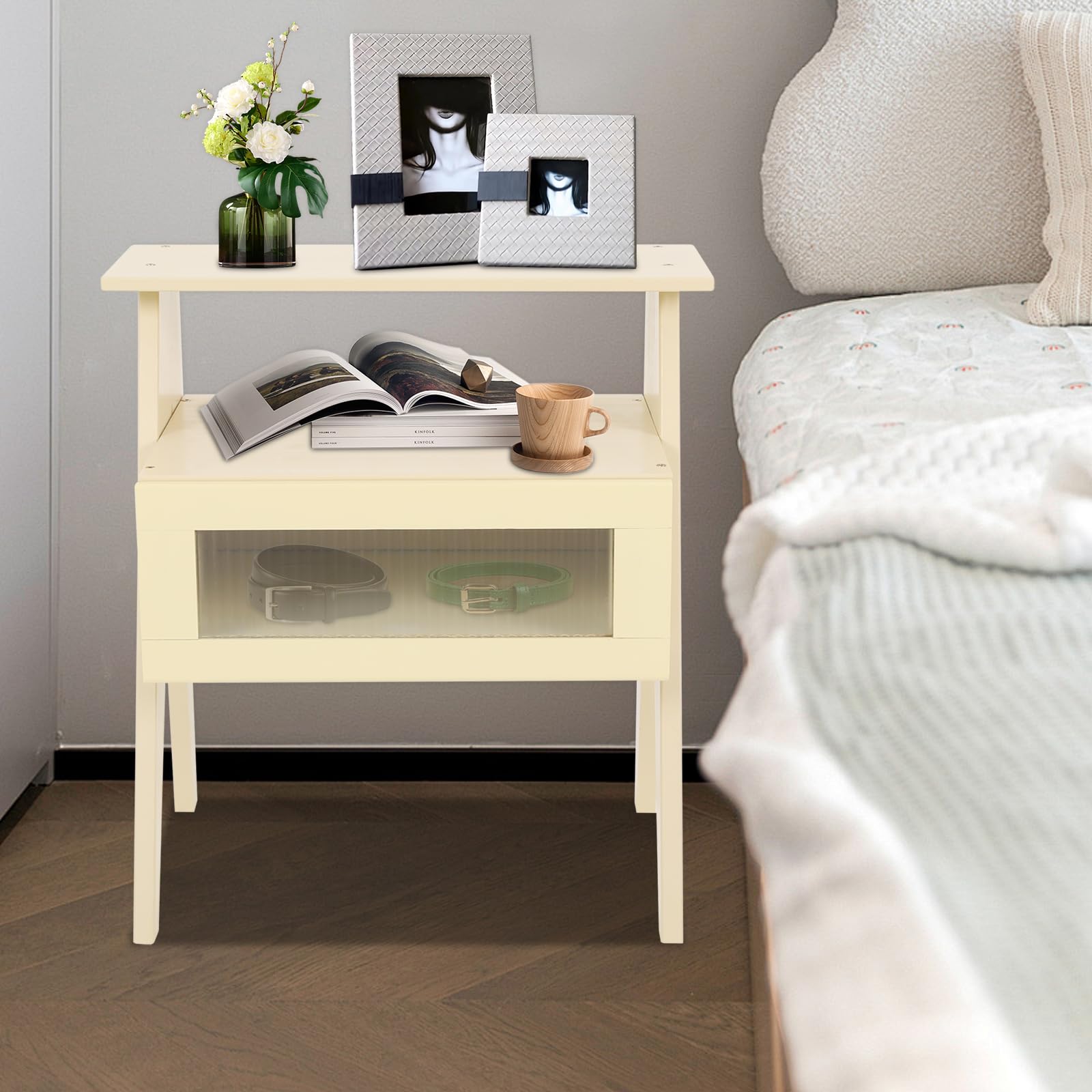 Comodino, tavolino con finestra trasparente e ripiano aperto, gambe in legno, comodino, tavolo con vano portaoggetti per camera da letto, dormitori, 43 x 31 x 50 cm