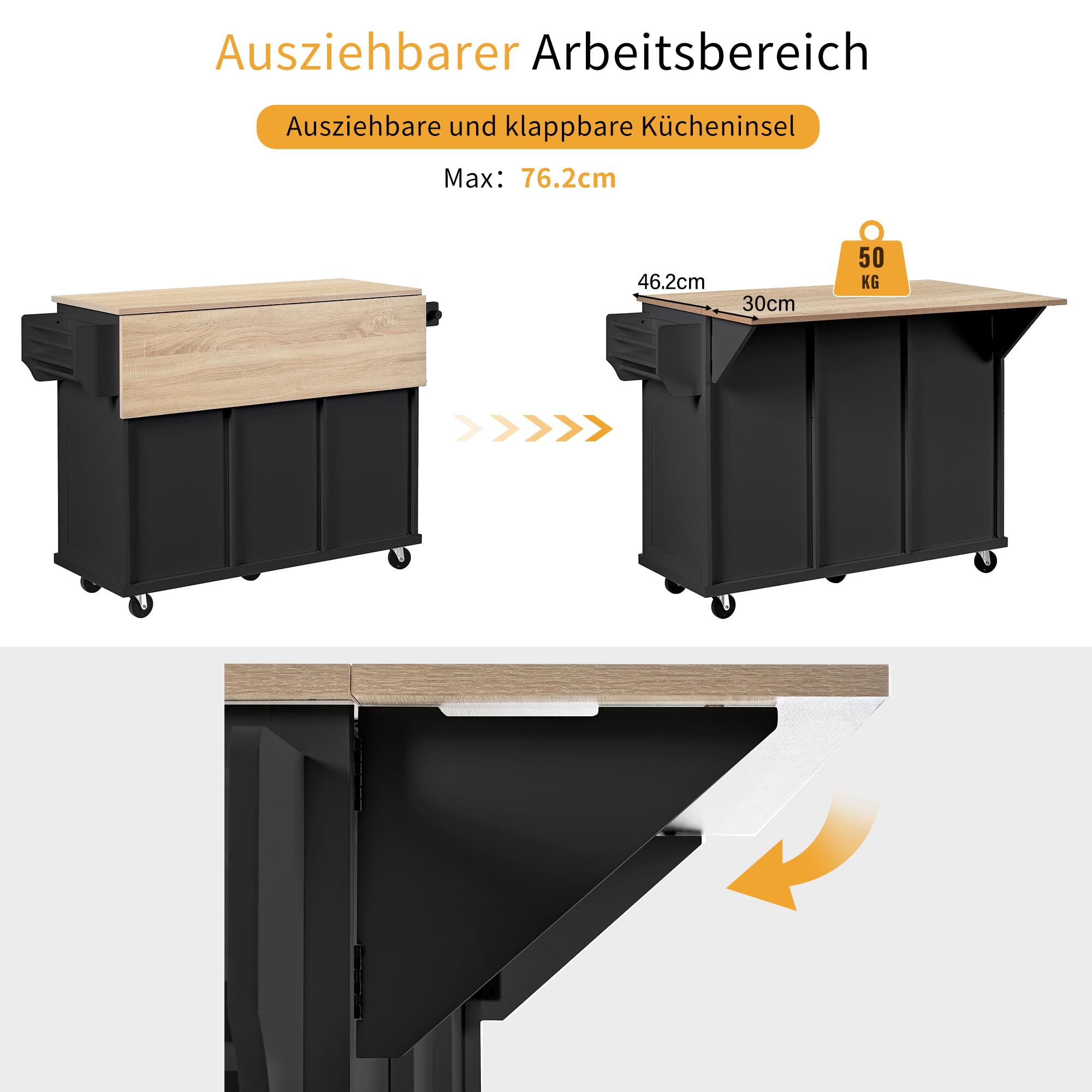 Desserte de Cuisine à roulettes Îlot Central avec Plan de Travail Pliable,2 Portes avec Rangement,3 Tiroirs,poubelle et Étagères Réglables pour Cuisine ou Salle à Manger (Noir-01B-2026, 131X46X93cm)