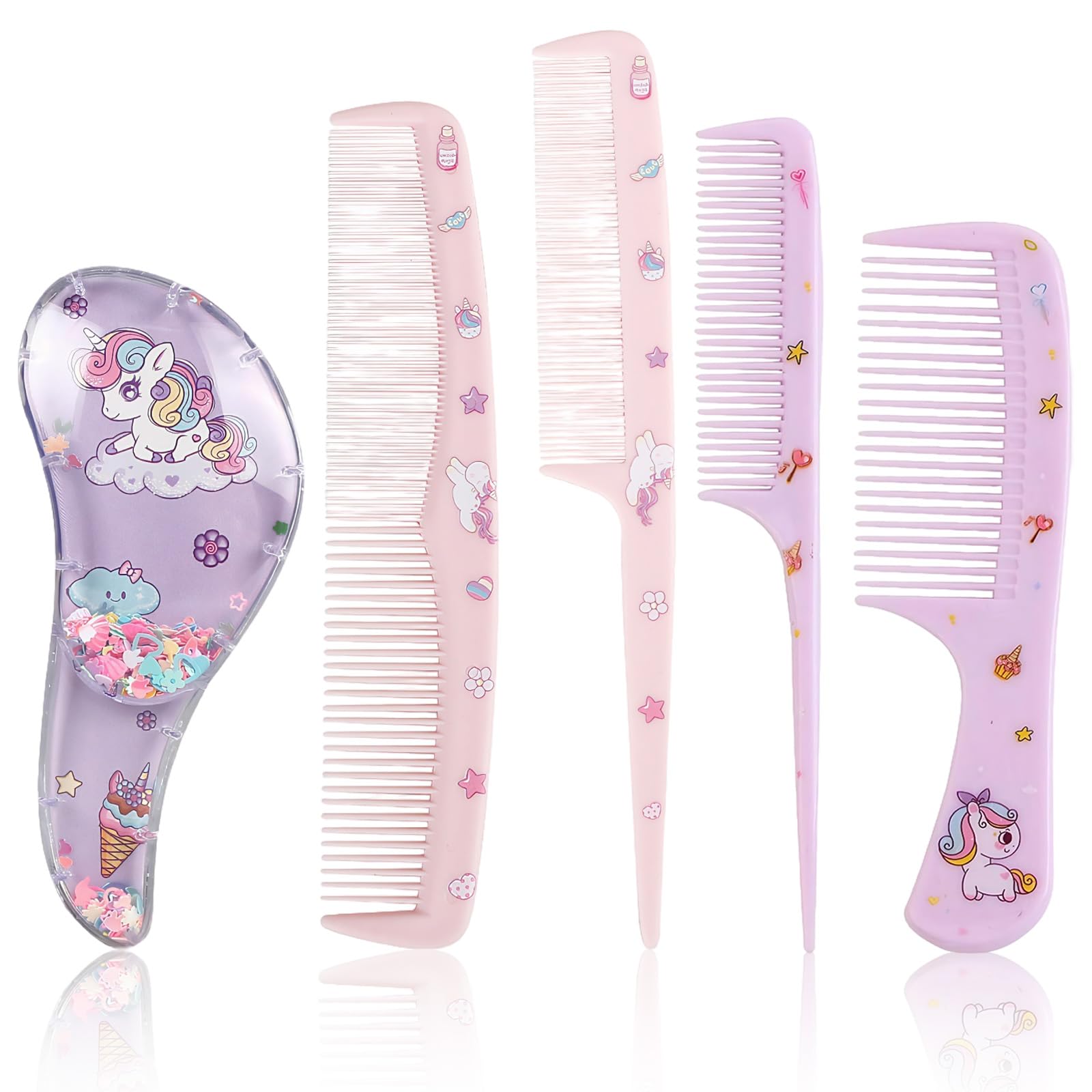 Juego de cepillos para el pelo de bebé para niñas, kit de peine desenredante con temática de unicornio rosa con peines de cola, peine de dientes finos y peine corto para viajes y peinado diario
